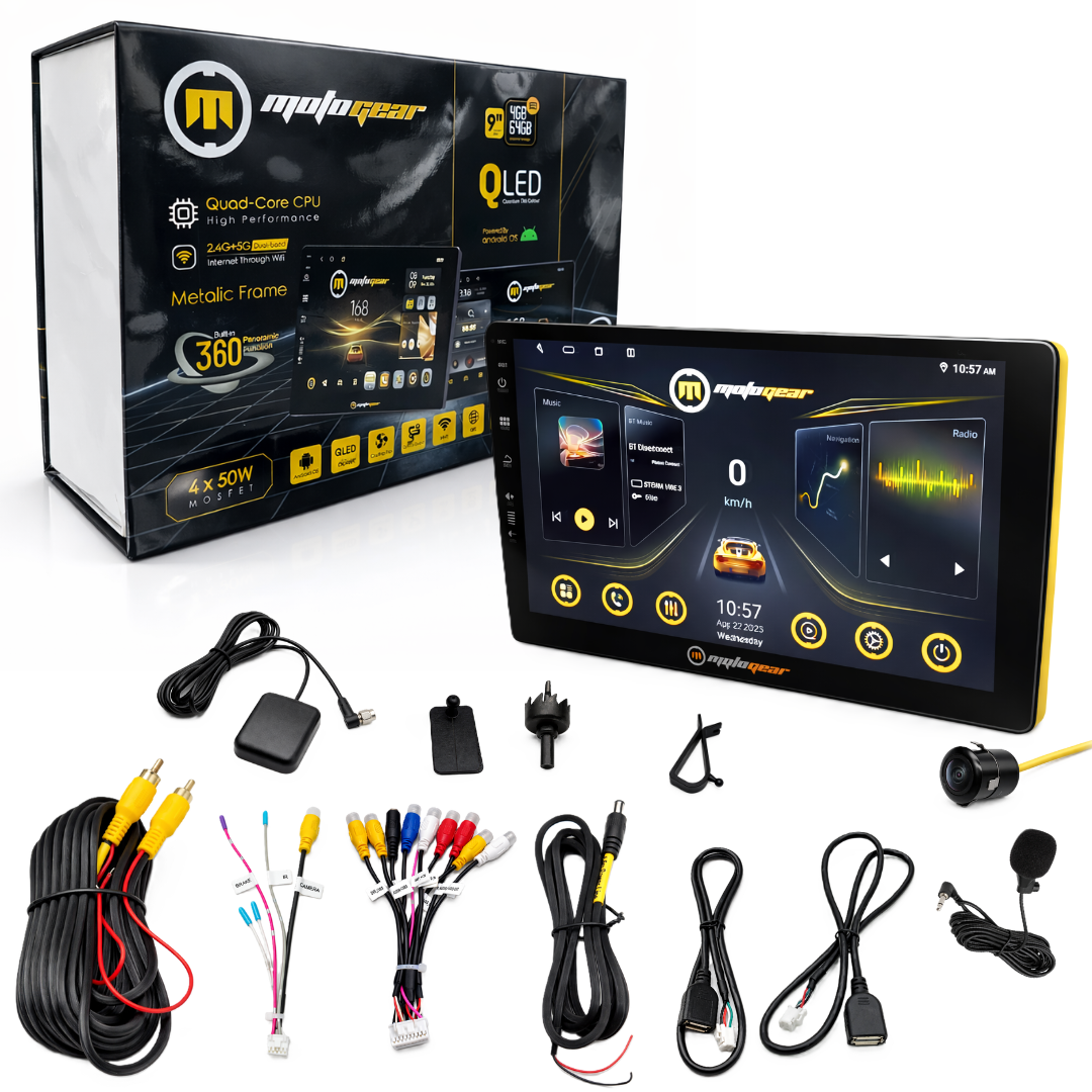 MOTOGEAR 9 Inch QLED Storm Vibe 2 Android Car Stereo | 4GB RAM + 64GB ROM | DSP Sound | Dual Band WiFi | Rear Camera Support | GPS Navigation | 1080P Full HD | Universal Fit For All Car( Pack of 1)