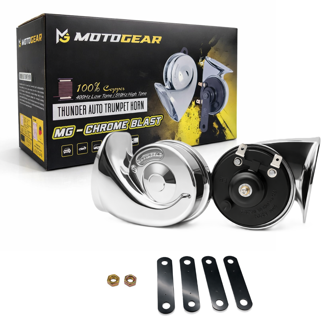 MOTOGEAR Chrome Blast Thunder Auto Trumpet Horn | 400Hz/510Hz Dual Tone | Universal Fit for Car & Bike ( Pack of 2)