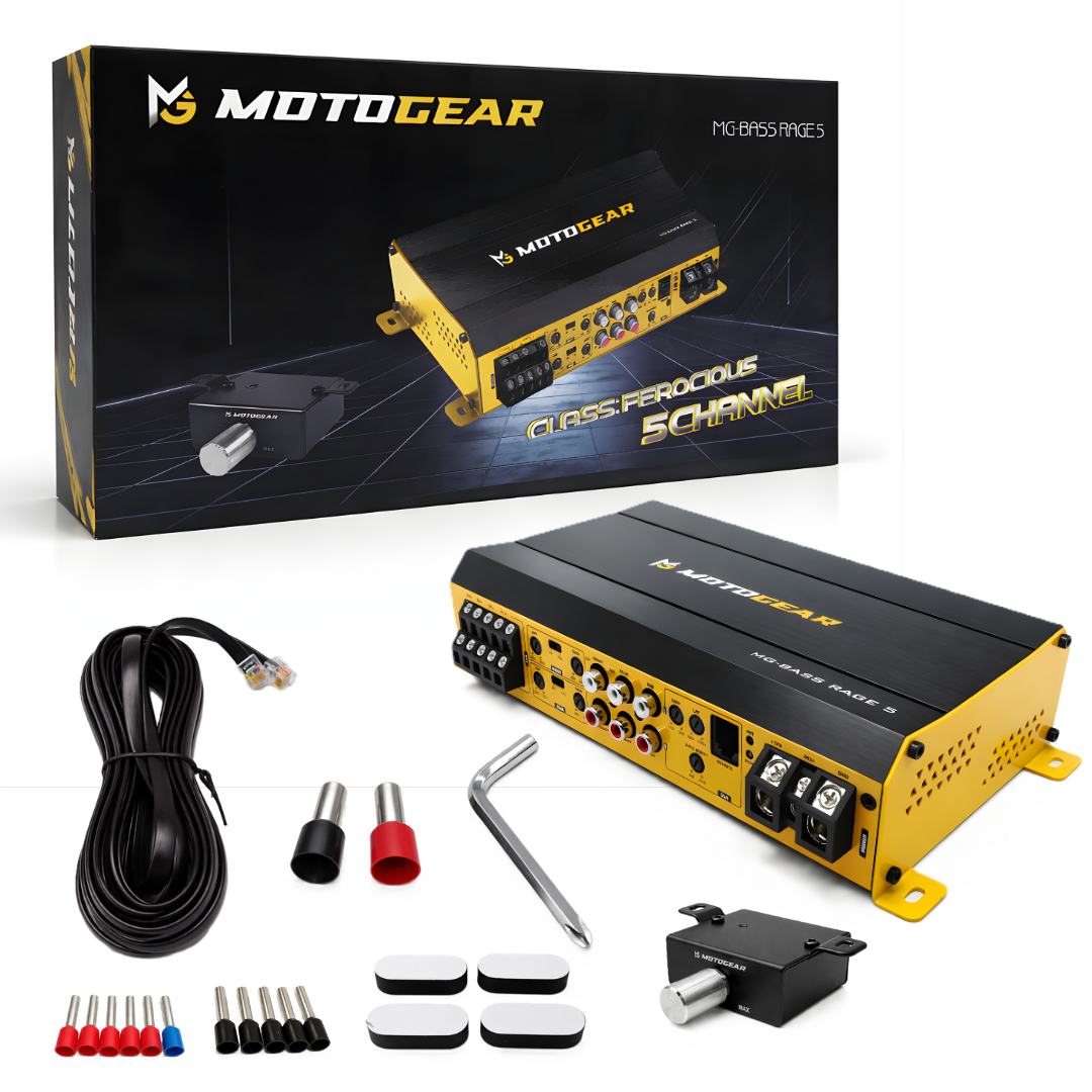 MOTOGEAR Bass Rage 5 Class-Ferocious 5 Channel Car Amplifier | 4x110W Real Power Output | High-Efficiency Performance | Precision Audio Tuning | Universal Fit For All Car