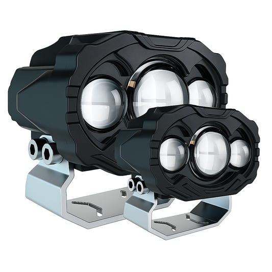 pair of triple projector automotive LED fog lamps on mounting brackets.