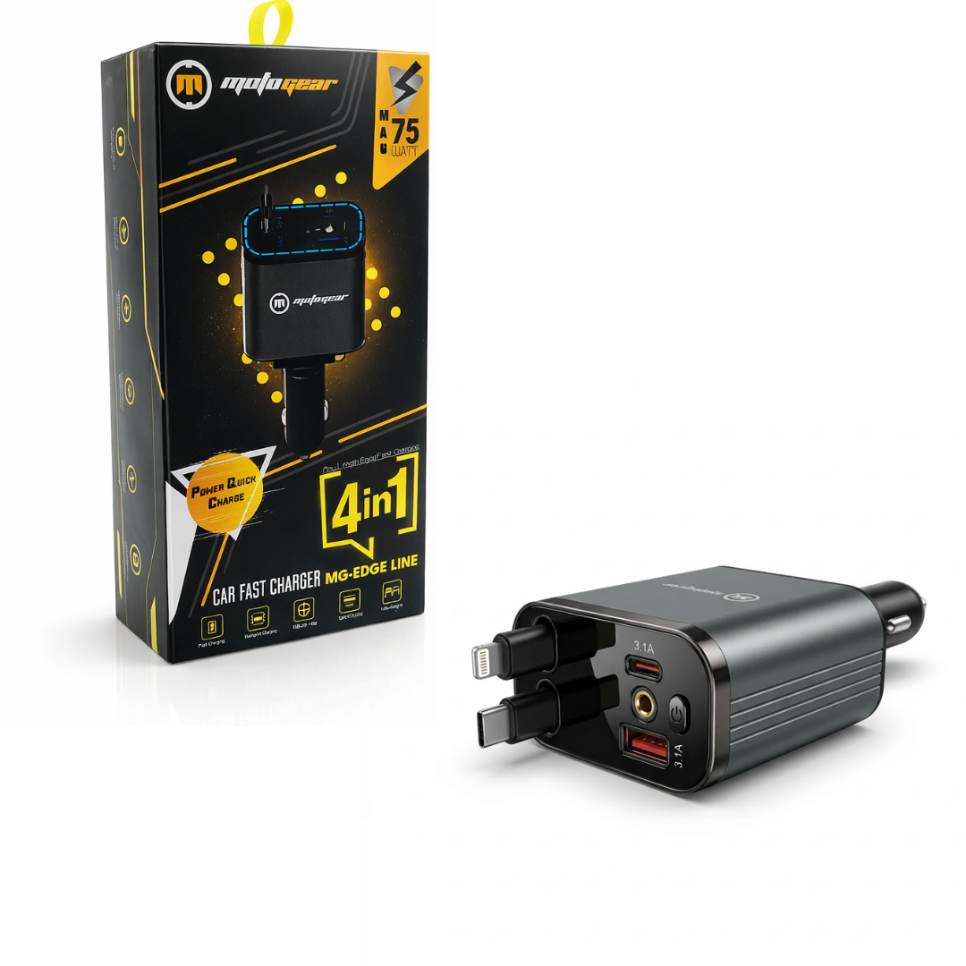 MOTOGEAR 75W 4-in-1 Car Fast Charger with Retractable Cables & LED Light | USB + Type-C Multi Charging for All Devices (Pack of 1)