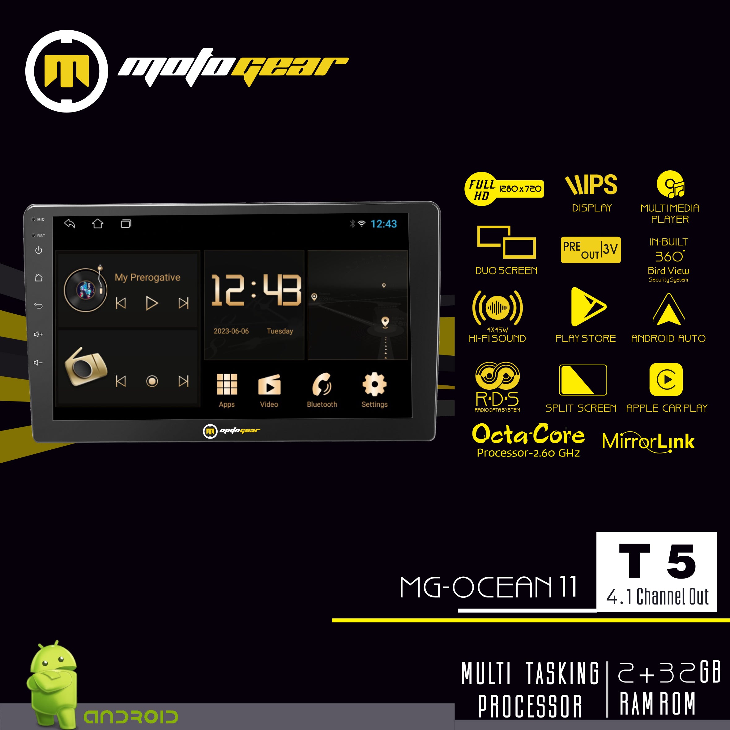 MOTOGEAR MG-OCEAN-11 Android Car Player | T5 Processor | 4GB RAM + 64GB ROM | 10 Inch IPS HD Display | Android Auto & Apple CarPlay | Dual Subwoofer Output