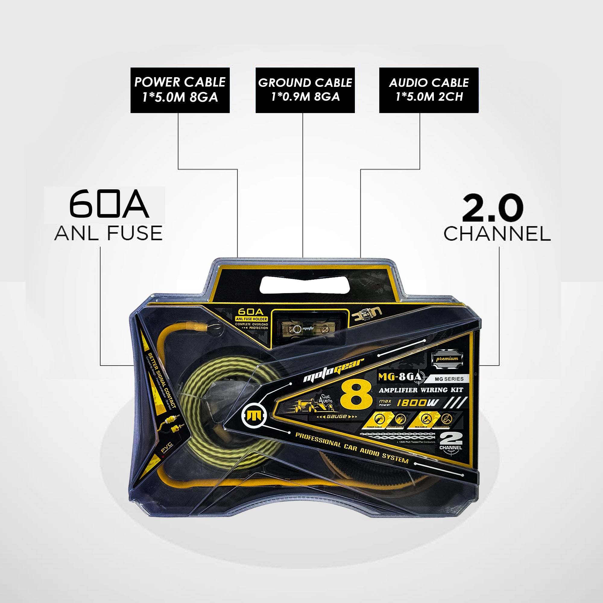 MotoGear MG-8GA 1800 Watts Car Amplifier Wiring Kit with Oxygen-Free Copper Cable | Complete Installation Kit for Subwoofer | Amplifier & Car Audio System