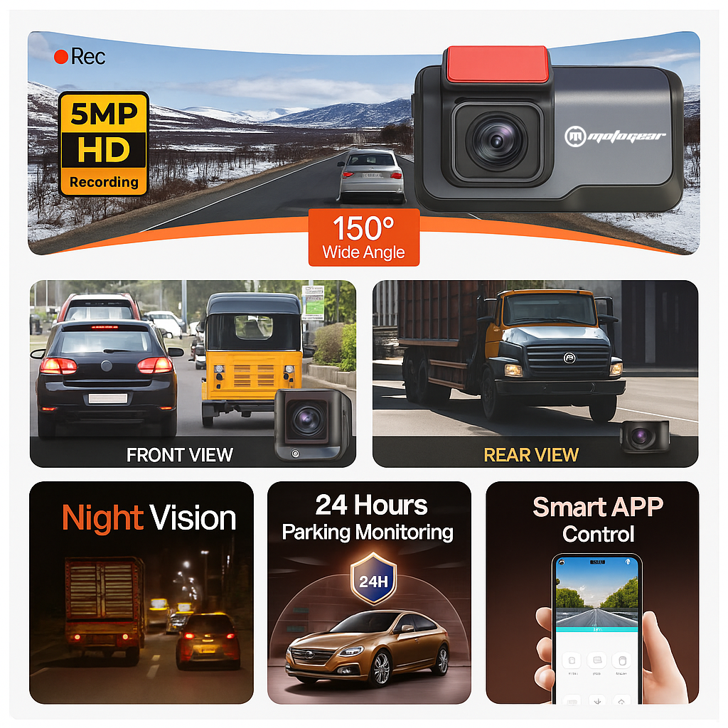 MOTOGEAR MG-DASHCAM 3 Inch Car Dash Camera | 1080P Dual Lens Recording | Built-In GPS | G-Sensor Emergency Recording | Parking Monitor | Supports 128GB Memory Card