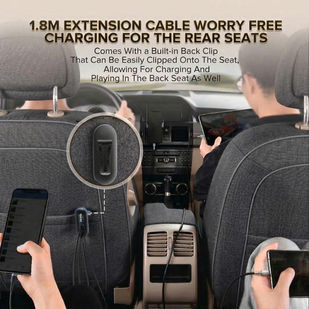 MOTOGEAR 112W 5-in-1 Car Fast Charger with 1.8M Extension Cable | USB & Type-C & Lightning Ports | Multi Device Charging for iPhone, Android & Tablets ( Pack of 1)