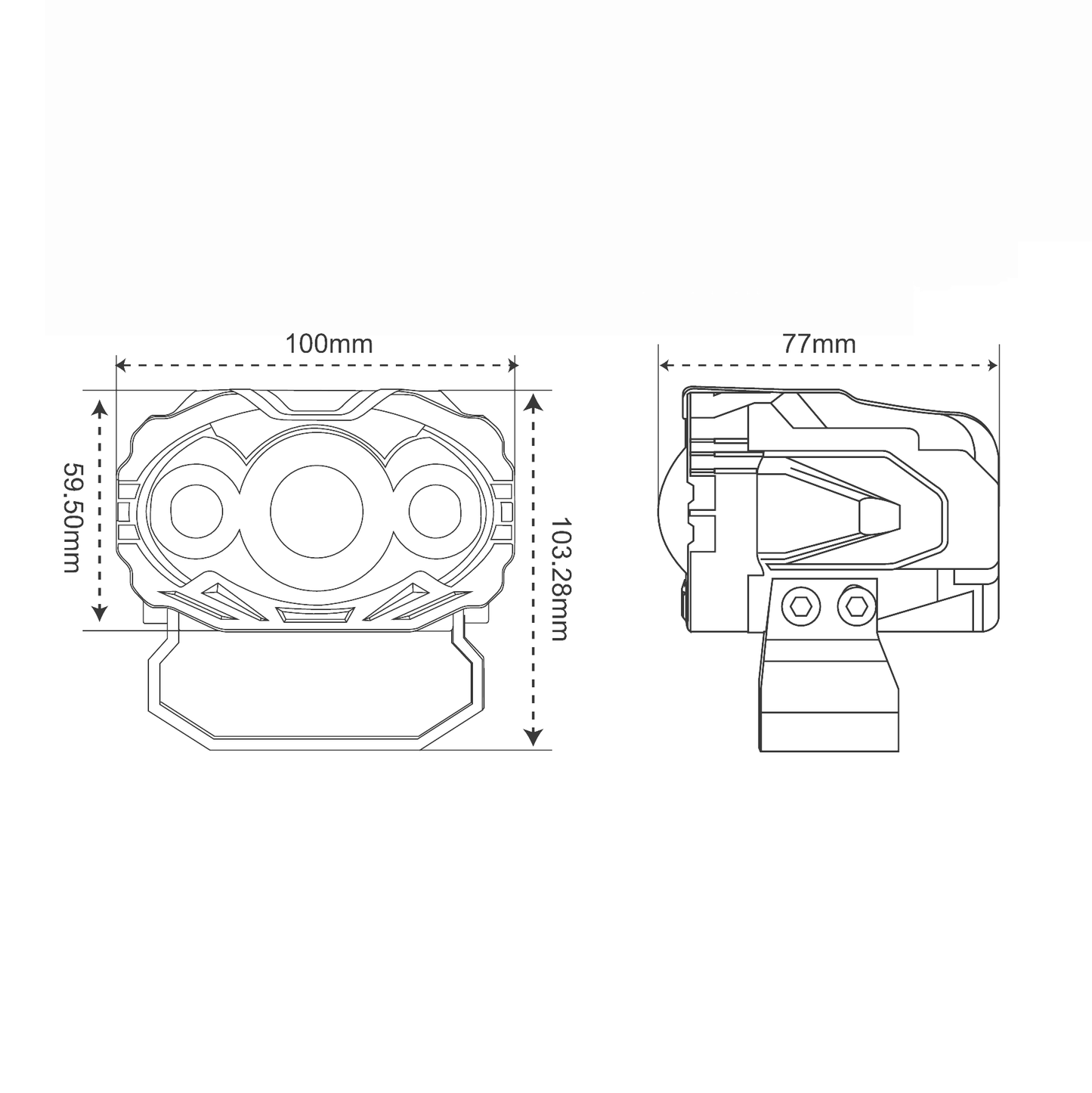 Technical drawing showing dimensions of a triple lens LED fog light, with width, height, and mounting details.