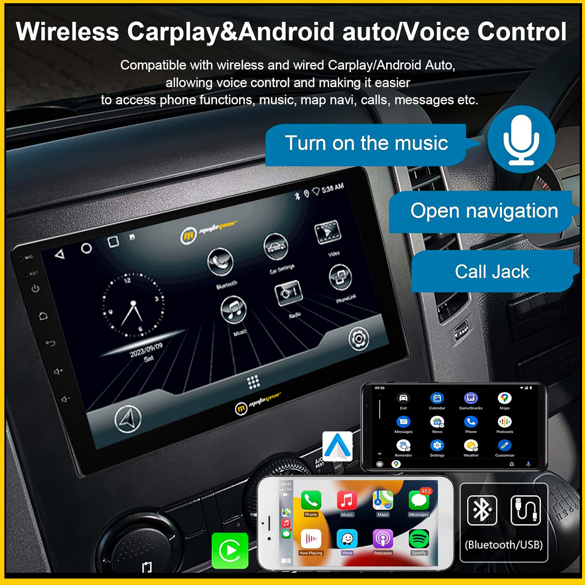 MOTOGEAR MG-OCEAN-12 Android Car Player | MTK 8163 Processor | 2GB RAM + 32GB ROM | IPS Touchscreen Display | Wireless Android Auto & CarPlay | Dual Subwoofer Output