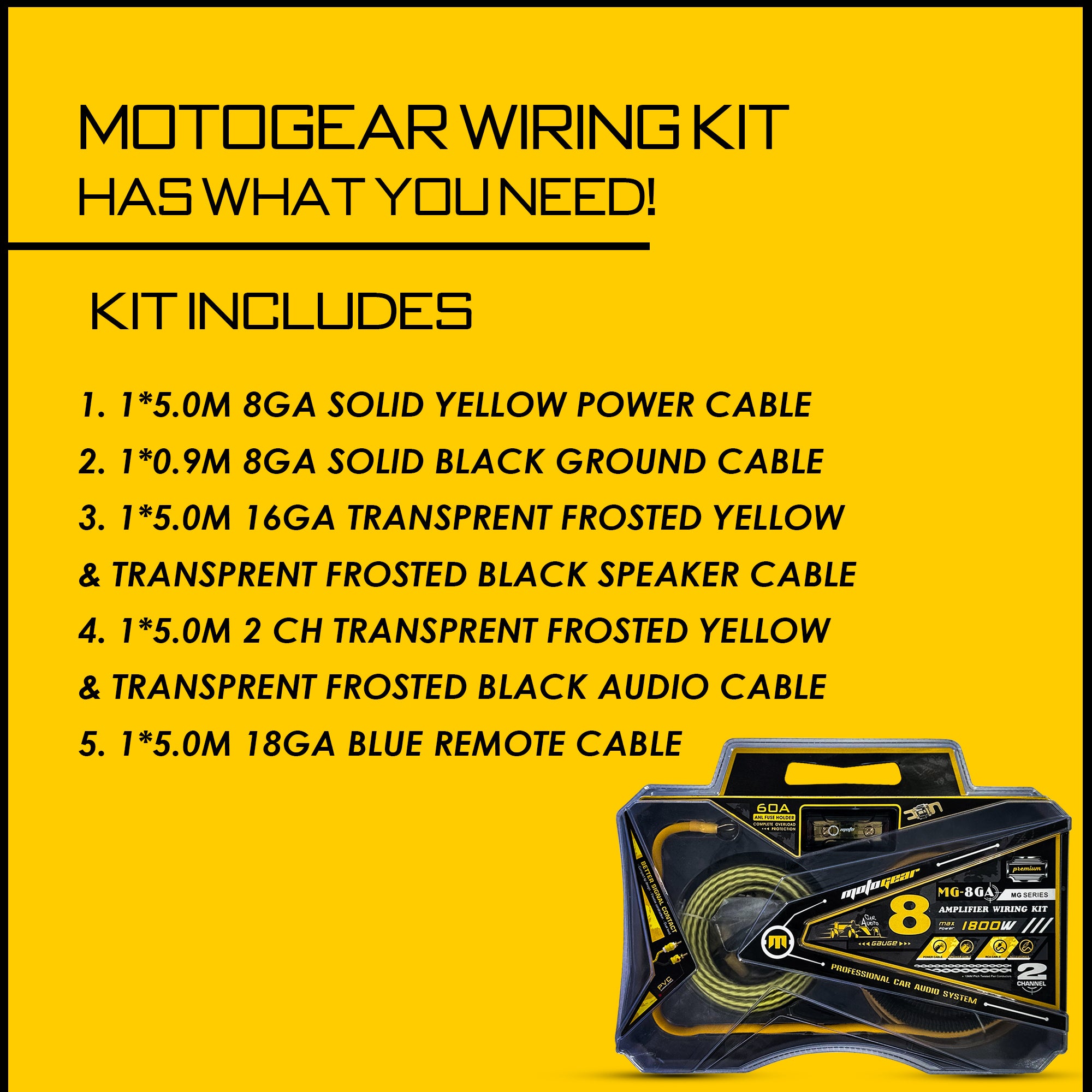 MotoGear MG-8GA 1800 Watts Car Amplifier Wiring Kit with Oxygen-Free Copper Cable | Complete Installation Kit for Subwoofer | Amplifier & Car Audio System