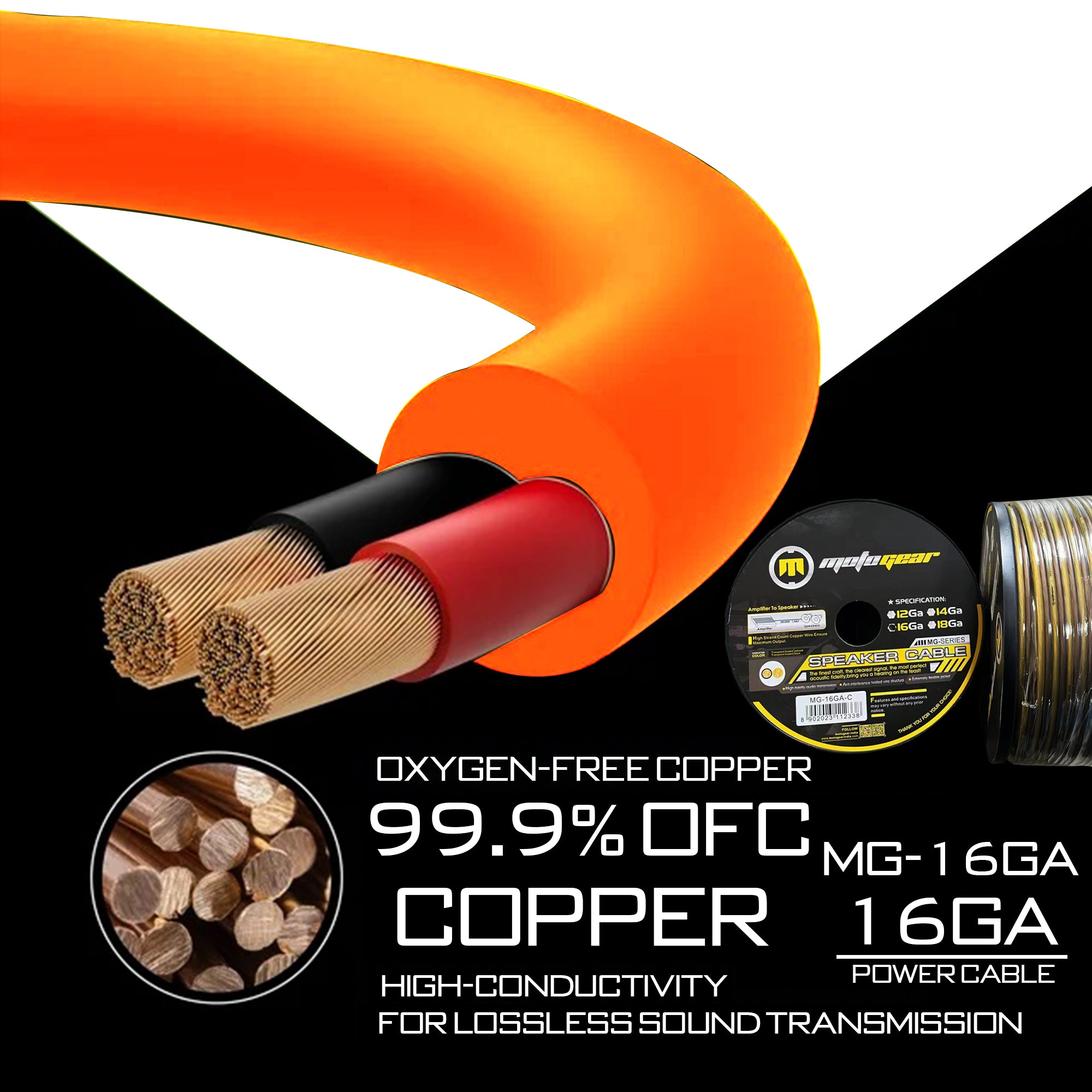 MOTOGEAR MG-16GA 16 Gauge Speaker Cable, 99.9% OFC Copper, Triple Shielded 2-Core Audio Wire for Car Audio, Amplifiers, Home Theatre & Speakers (Pack of 1)