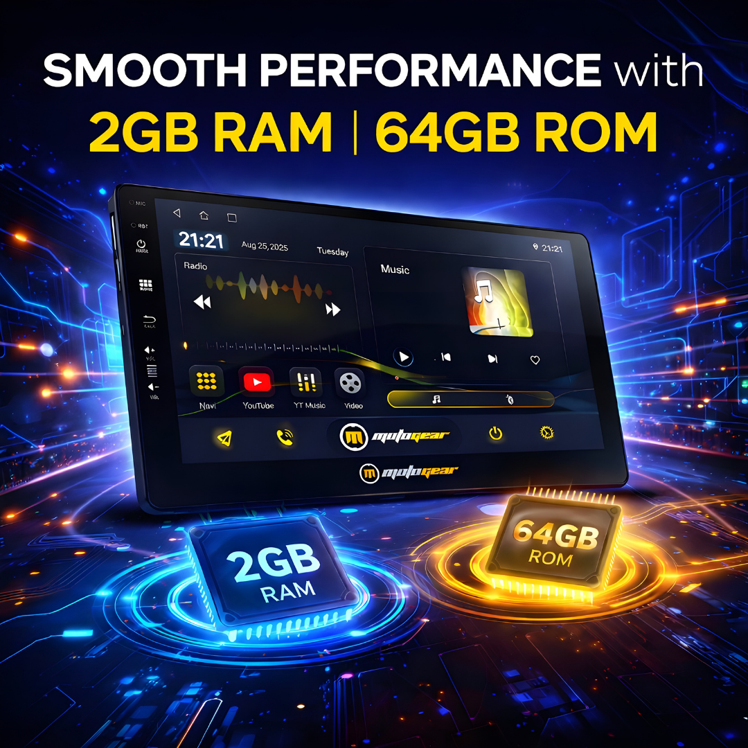 MOTOGEAR 9 Inch QLED Storm Vibe 1 Android Car Stereo | 2GB RAM + 64GB ROM | DSP Sound | Dual Band WiFi | Rear Camera Support | GPS Navigation | 1080P Full HD | Universal Fit For All Car( Pack of 1)
