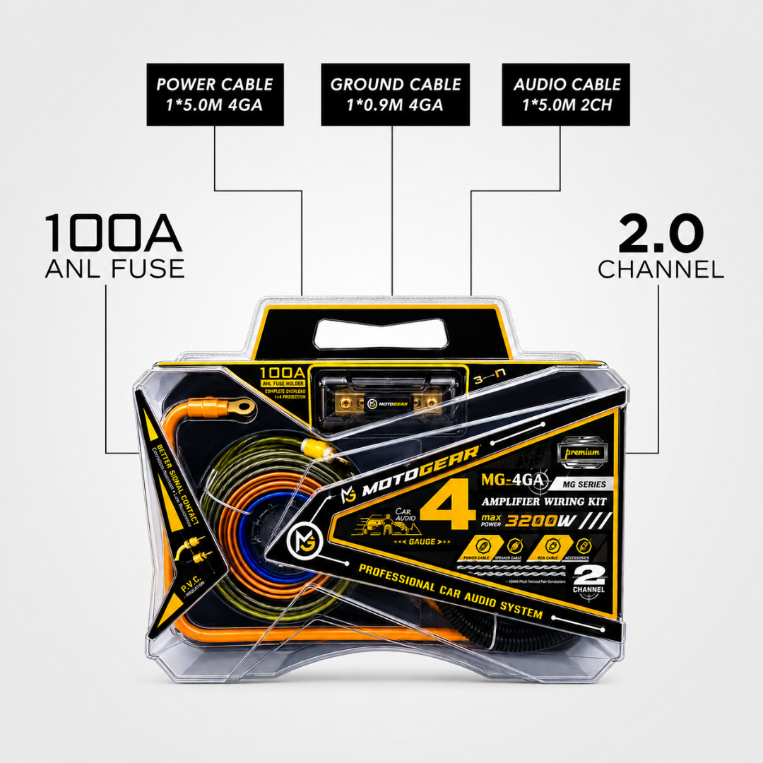 MOTOGEAR 4 Gauge Car Amplifier Wiring Kit | 3200W Power Handling | 100% Oxygen-Free Copper Cable | 100A ANL Fuse | Complete Audio Installation Kit