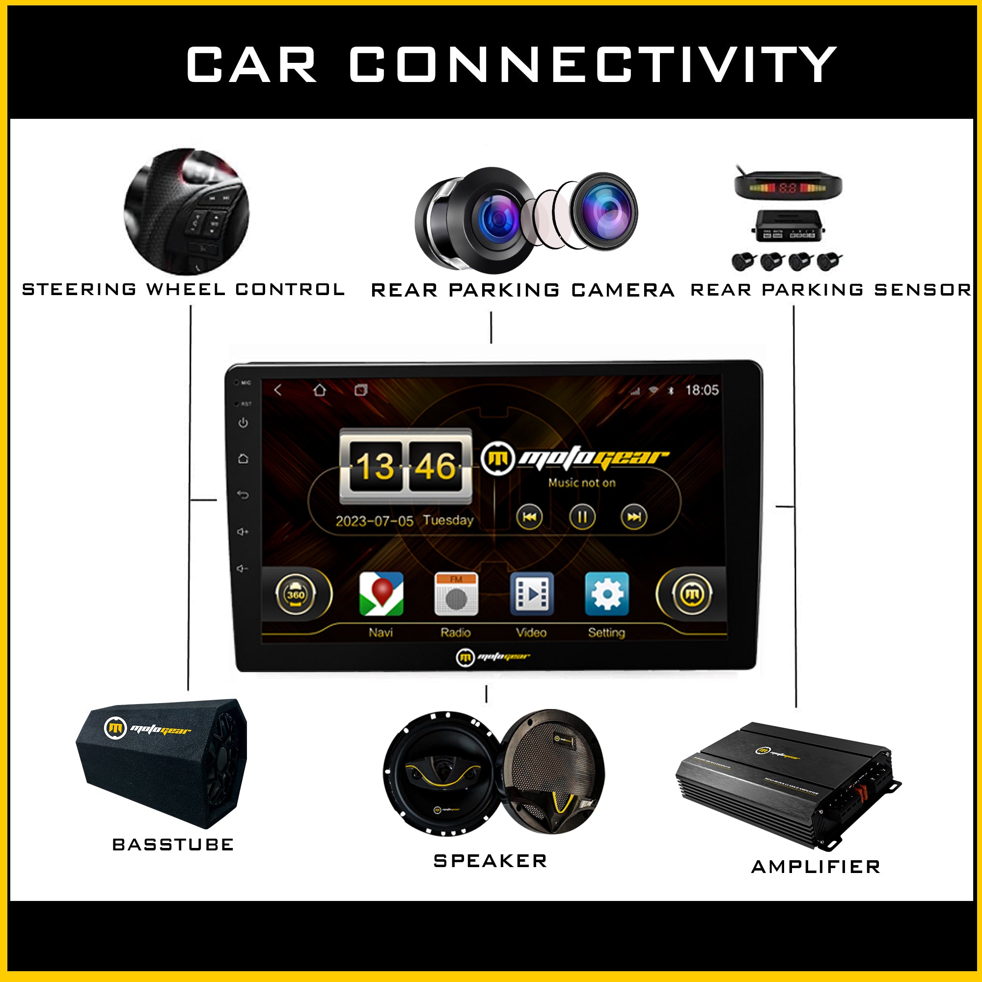 MOTOGEAR MG-OCEAN-11 Android Car Player | T5 Processor | 4GB RAM + 64GB ROM | 10 Inch IPS HD Display | Android Auto & Apple CarPlay | Dual Subwoofer Output
