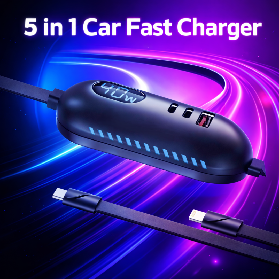 MOTOGEAR 112W 5-in-1 Car Fast Charger with 1.8M Extension Cable | USB & Type-C & Lightning Ports | Multi Device Charging for iPhone, Android & Tablets ( Pack of 1)