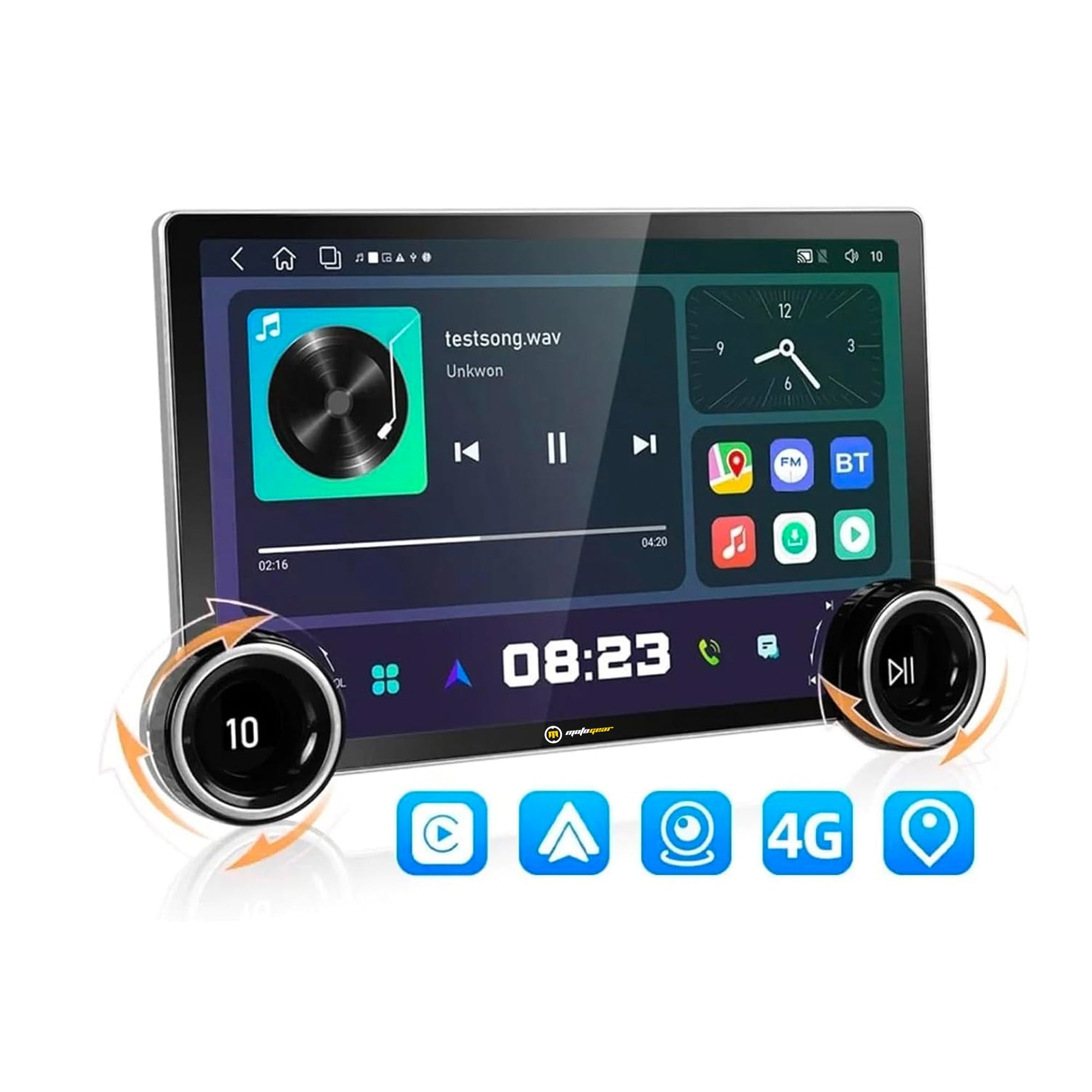 MOTOGEAR Dual-Knob 10.1 Inch Diamond Series Android Player | 2GB RAM + 32GB ROM | QLED Display | Wireless CarPlay & Android Auto | Capacitive Touch Screen