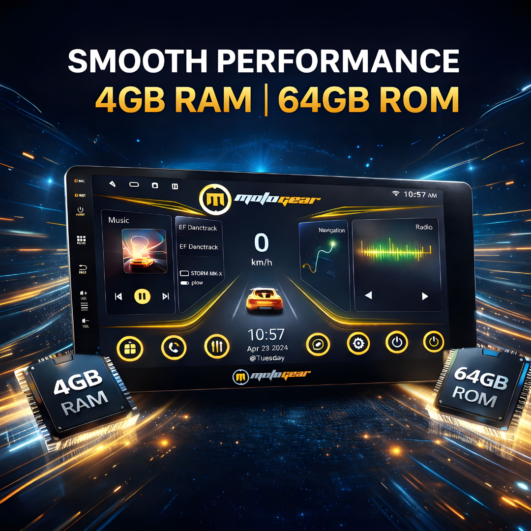 MOTOGEAR 9 Inch QLED Storm Vibe 2 Android Car Stereo | 4GB RAM + 64GB ROM | DSP Sound | Dual Band WiFi | Rear Camera Support | GPS Navigation | 1080P Full HD | Universal Fit For All Car( Pack of 1)