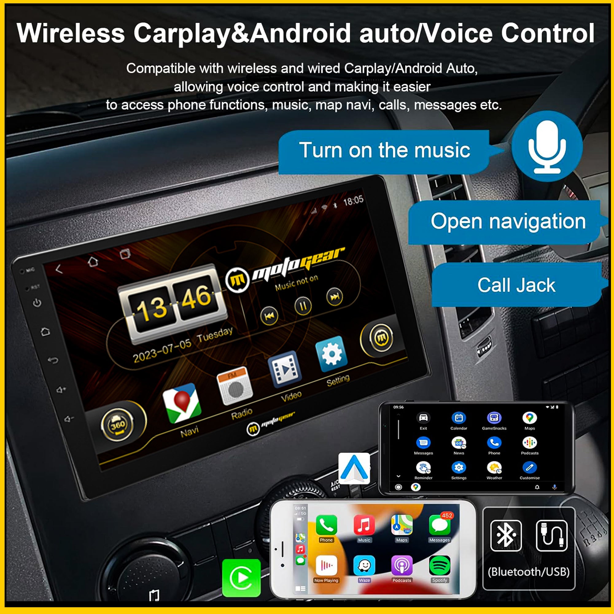 MOTOGEAR MG-OCEAN-11 Android Car Player | T5 Processor | 2GB RAM + 32GB ROM | 10 Inch IPS HD Display | Android Auto & Apple CarPlay | Dual Subwoofer Output