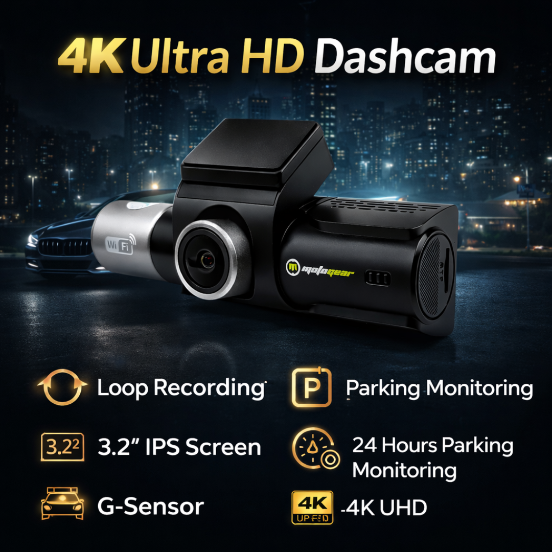 MOTOGEAR 3 Channel 4K Dashcam Front + Interior + Rear Recording | WiFi + GPS | 3.2 Inch IPS Screen | Loop Recording | Parking Monitoring | G Sensor Car Camera for Safety (Pack of 1)