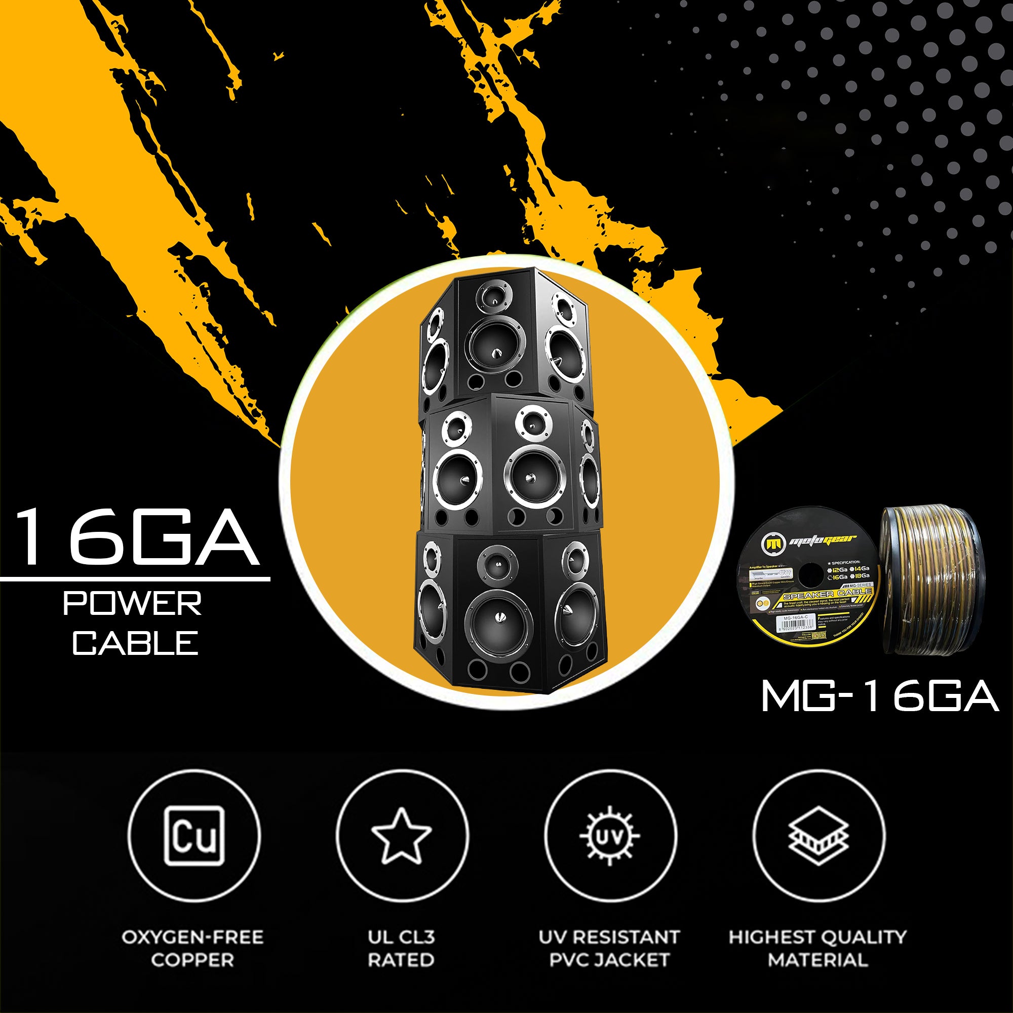 MOTOGEAR MG-16GA 16 Gauge Speaker Cable, 99.9% OFC Copper, Triple Shielded 2-Core Audio Wire for Car Audio, Amplifiers, Home Theatre & Speakers (Pack of 1)