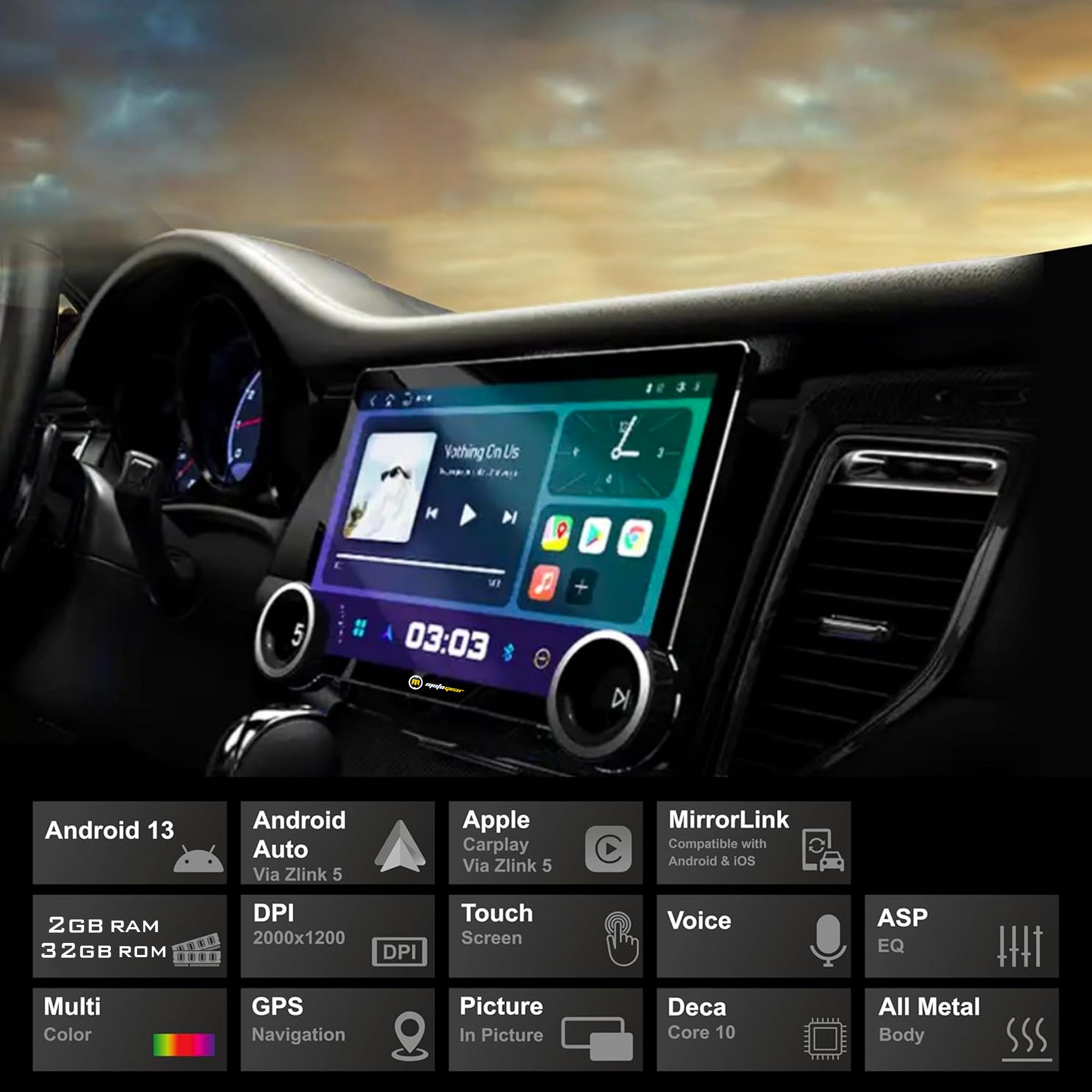 MOTOGEAR Dual-Knob 10.1 Inch Diamond Series Android Player | 2GB RAM + 32GB ROM | QLED Display | Wireless CarPlay & Android Auto | Capacitive Touch Screen