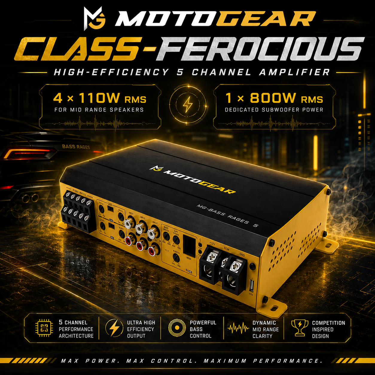 MOTOGEAR Bass Rage 5 Class-Ferocious 5 Channel Car Amplifier | 4x110W Real Power Output | High-Efficiency Performance | Precision Audio Tuning | Universal Fit For All Car