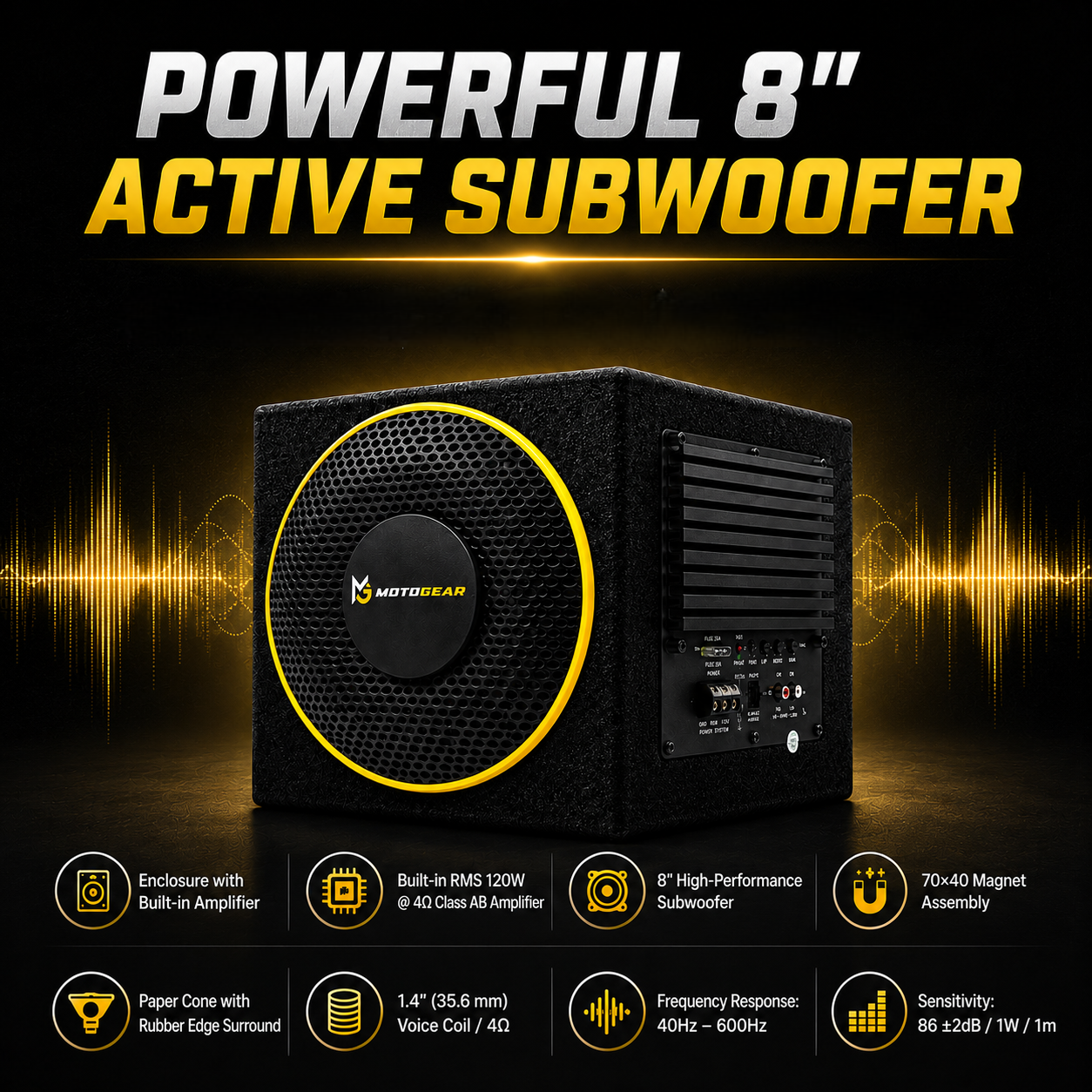 MOTOGEAR Hardrock-8 120W RMS 8 Inch Active Car Subwoofer