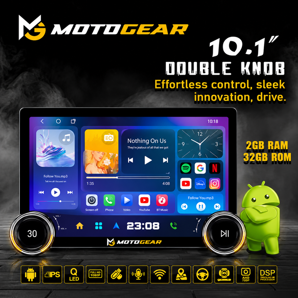 MOTOGEAR Dual-Knob 2GB RAM+32GB ROM 10.1 Inch Android Player