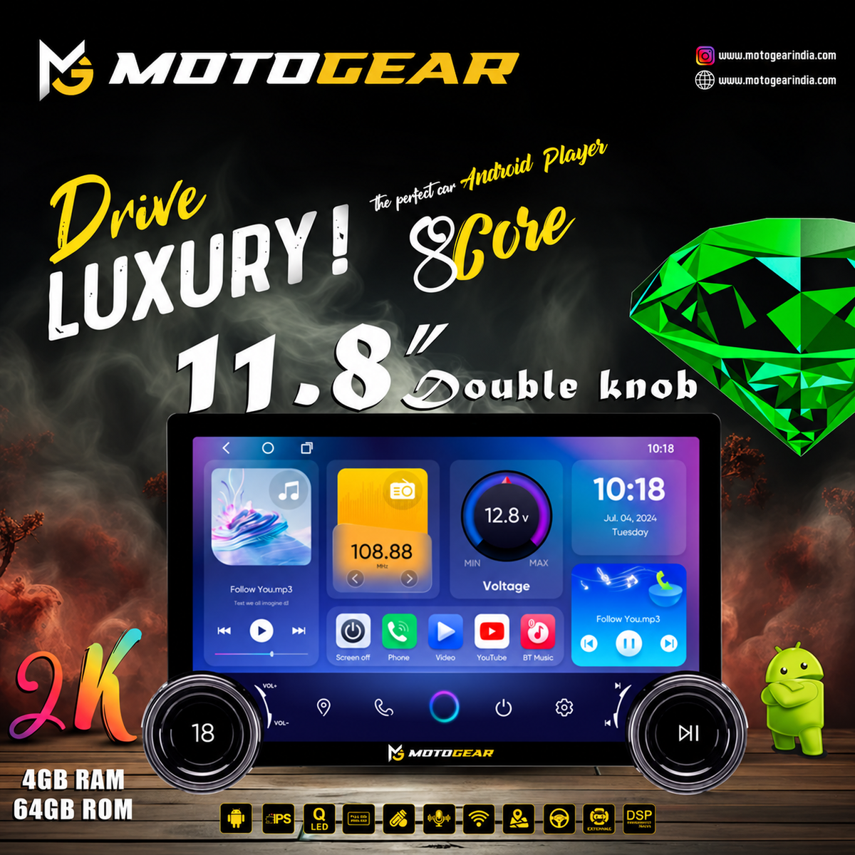 MOTOGEAR Dual Knob 4GB RAM+64GB ROM 11.8 Inch 2K QLED Android Player With 360° Camera Support