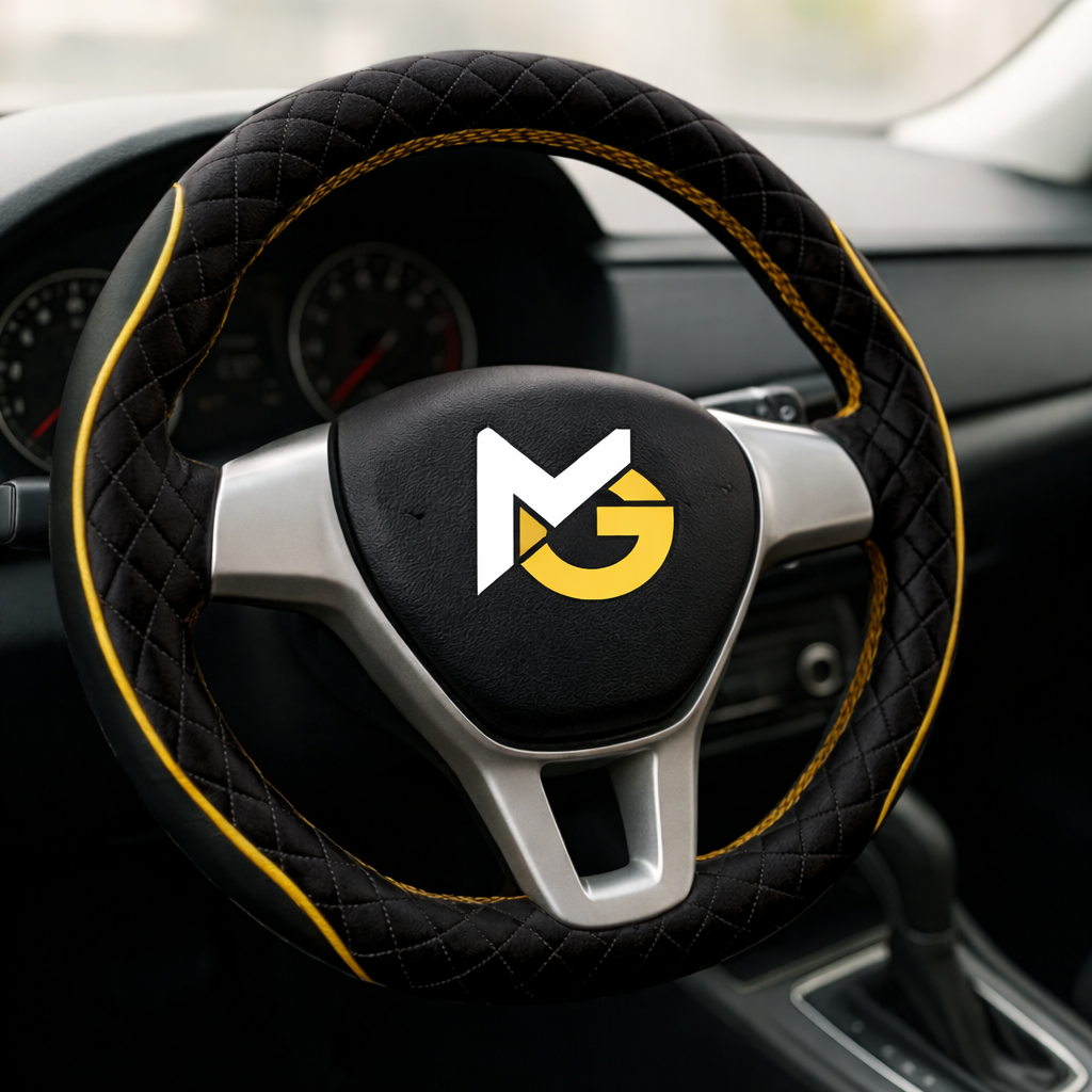 MotoGear Tiger Spirit Black Leather Steering Wheel Cover, Universal Leatherette Grip, Anti-Slip Sweat-Resistant, Durable Stitched, Premium Jet Black Interior Accessory for Cars & SUVs