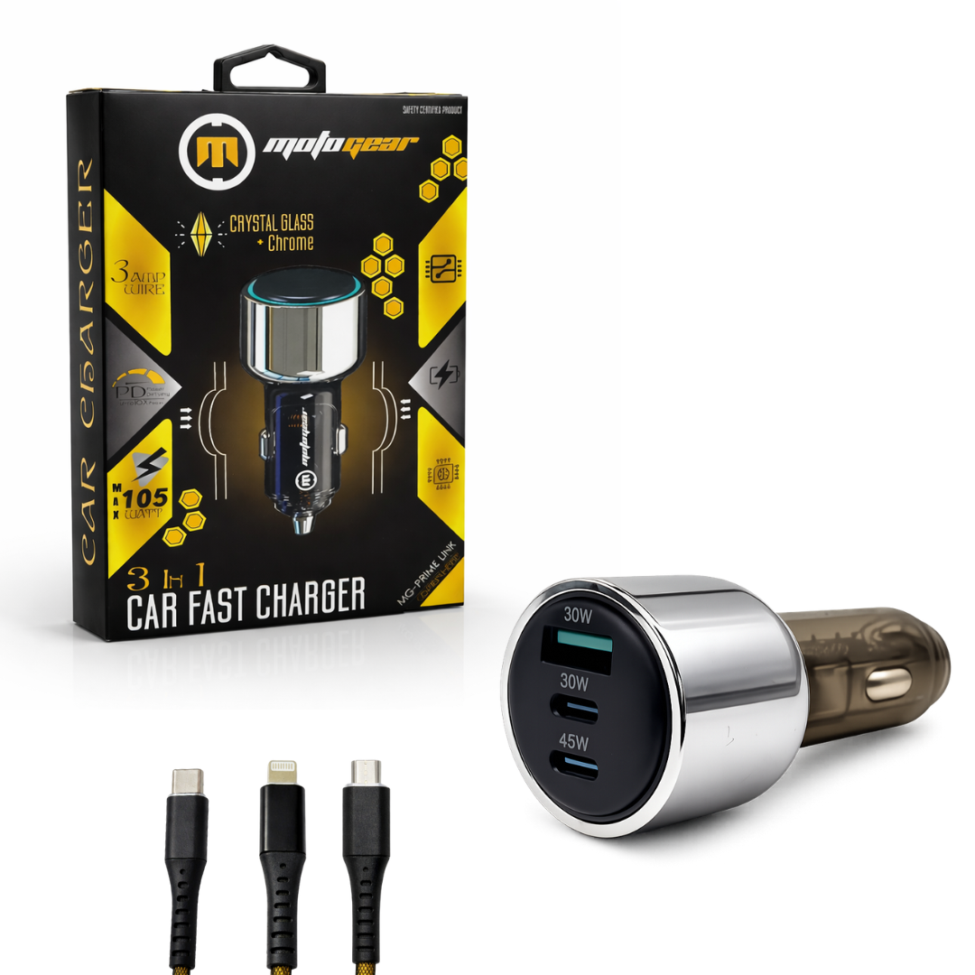 MOTOGEAR 105W 3-in-1 Car Fast Charger with QC 3.0 & Type-C + USB Ports | Braided Multi Cable (Lightning/Micro/Type-C) | Fast Charging Adapter for iPhone, Android & Tablets( Pack of 1)