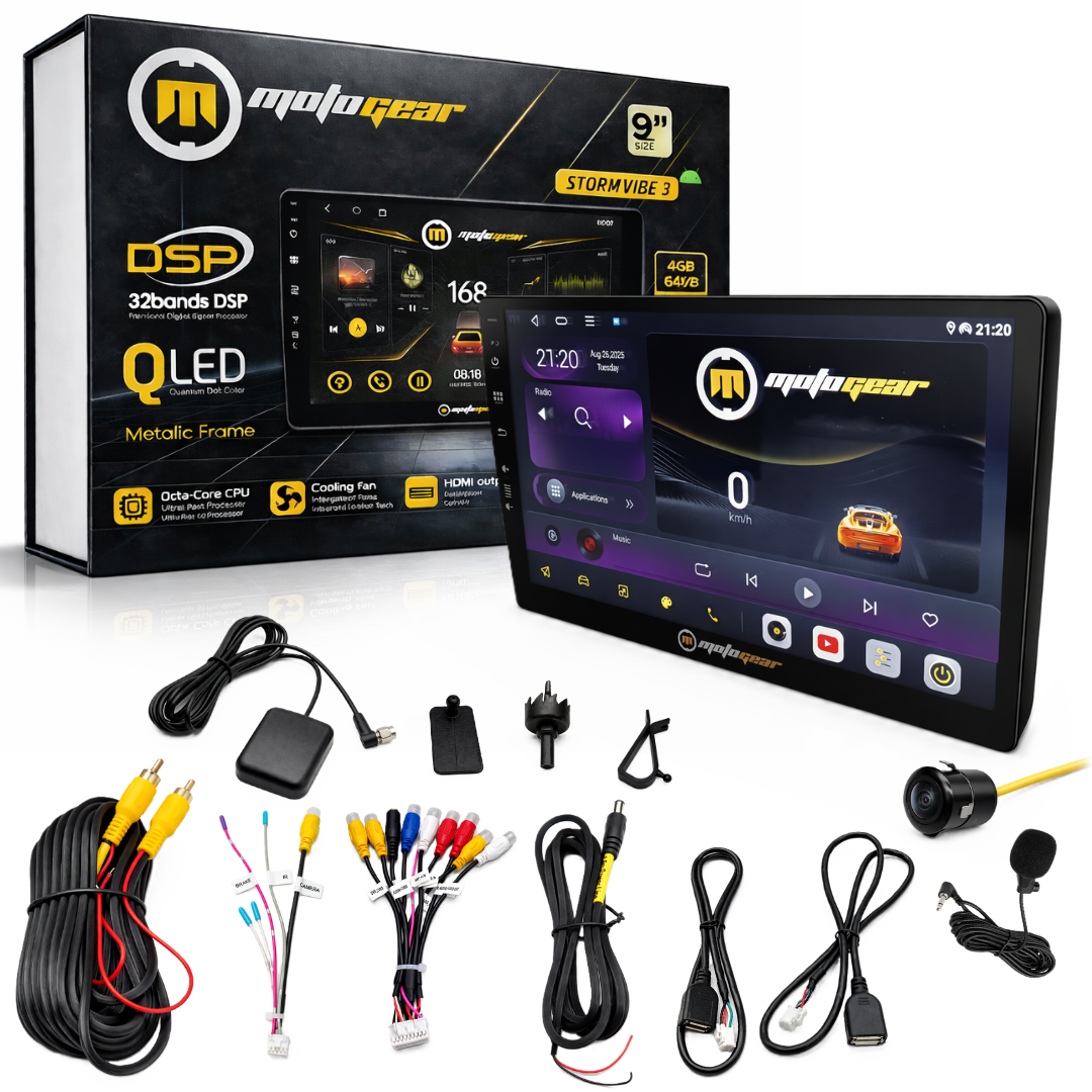 MOTOGEAR 9 Inch QLED Storm Vibe 3 Android Car Stereo | 4GB RAM + 64GB ROM | Octa-Core A55 CPU | DSP Sound | Dual Band WiFi | Rear Camera Support | GPS Navigation | 1080P Full HD | Universal Fit For All Car( Pack of 1)