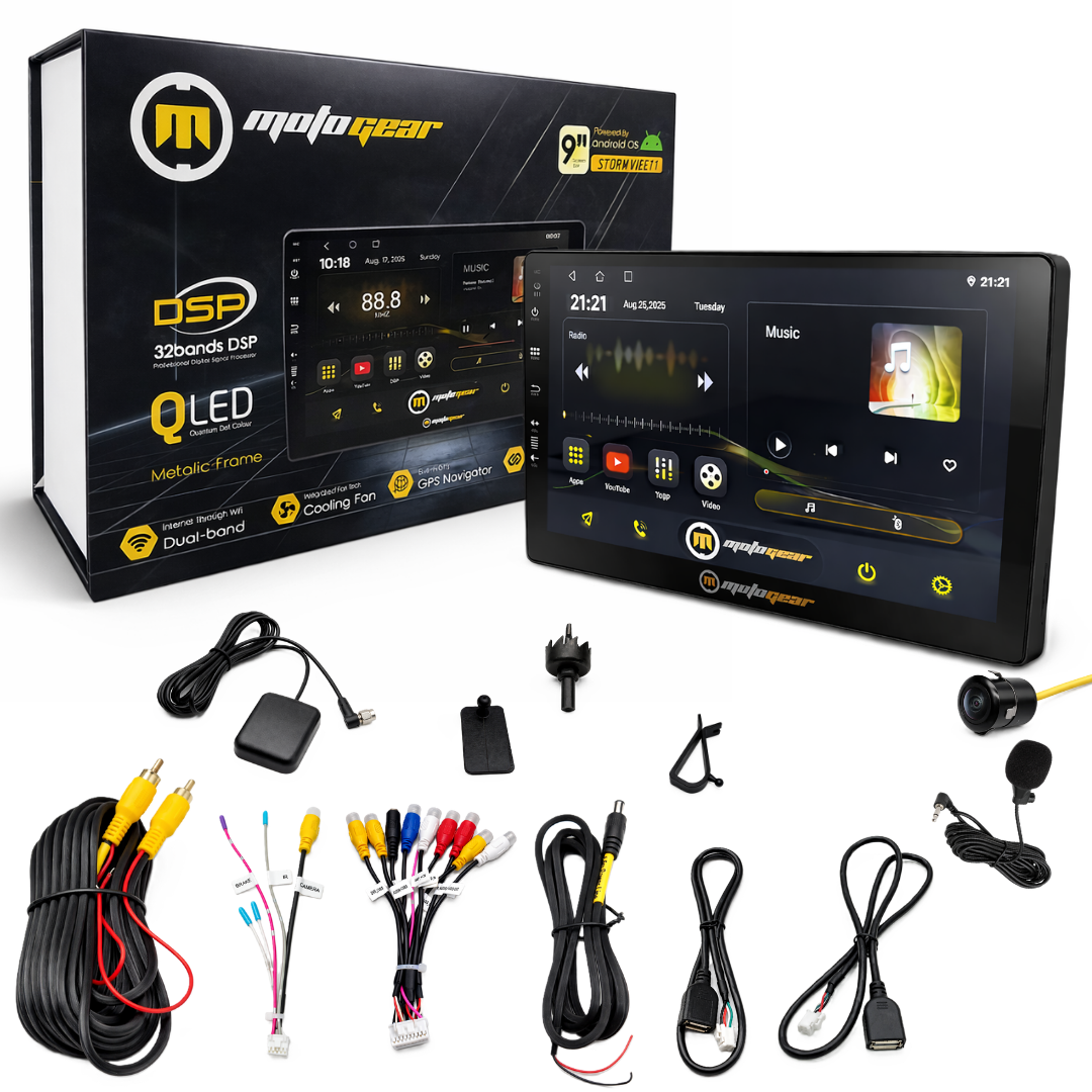 MOTOGEAR 9 Inch QLED Storm Vibe 1 Android Car Stereo | 2GB RAM + 64GB ROM | DSP Sound | Dual Band WiFi | Rear Camera Support | GPS Navigation | 1080P Full HD | Universal Fit For All Car( Pack of 1)