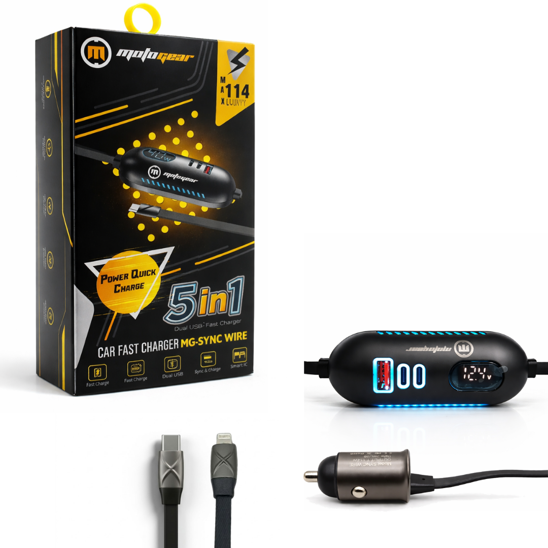 MOTOGEAR 112W 5-in-1 Car Fast Charger with 1.8M Extension Cable | USB & Type-C & Lightning Ports | Multi Device Charging for iPhone, Android & Tablets ( Pack of 1)