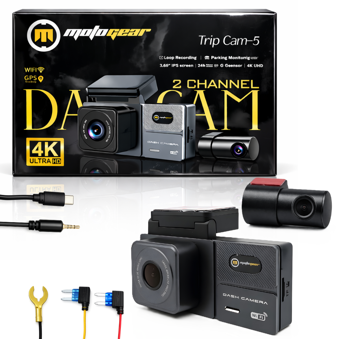 MOTOGEAR 2 Channel 4K Dashcam Front + Rear Camera | WiFi + GPS | 3.69 Inch IPS Screen | 24H Parking Monitoring | G Sensor | Loop Recording Car Camera (Pack of 1)