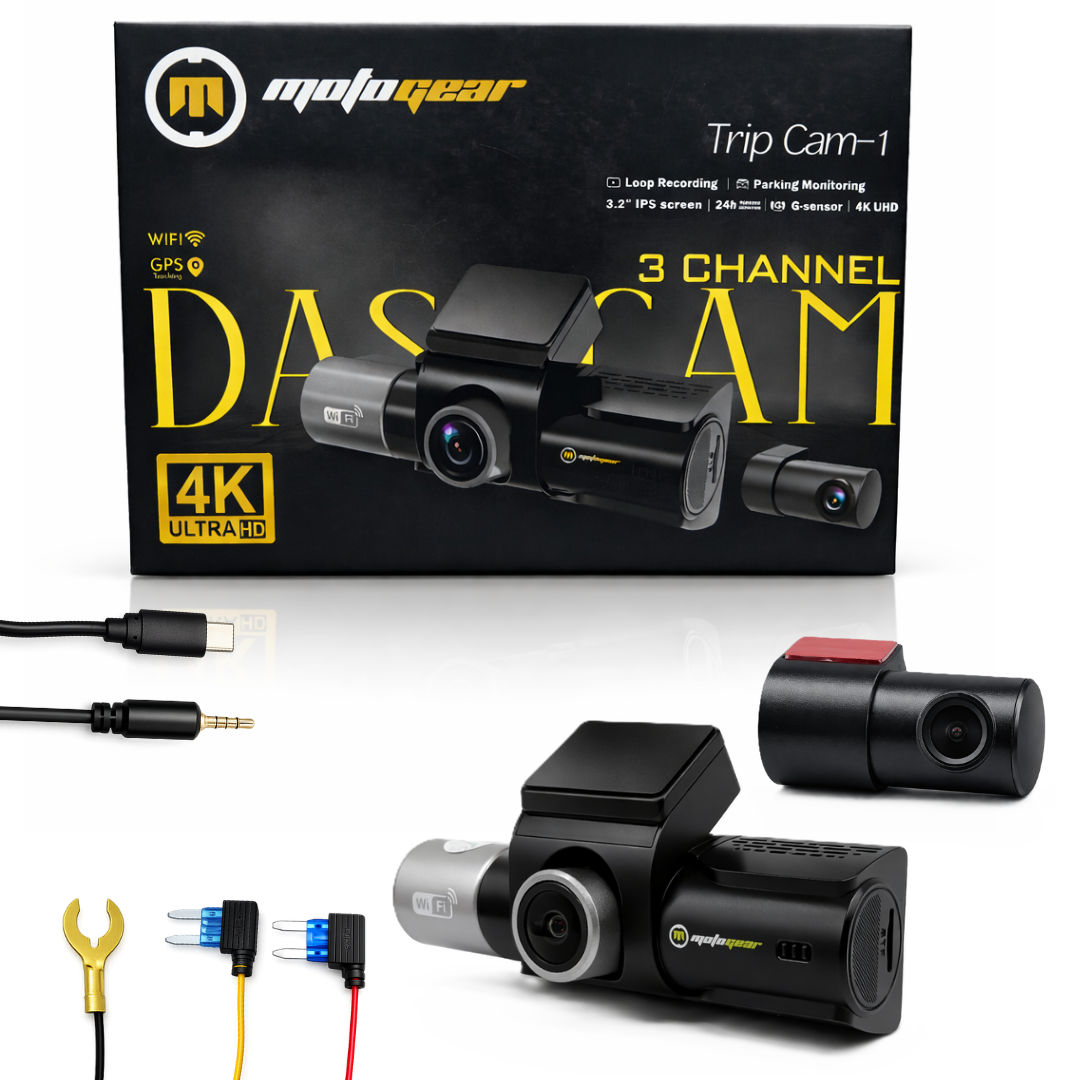 MOTOGEAR 3 Channel 4K Dashcam Front + Interior + Rear Recording | WiFi + GPS | 3.2 Inch IPS Screen | Loop Recording | Parking Monitoring | G Sensor Car Camera for Safety (Pack of 1)