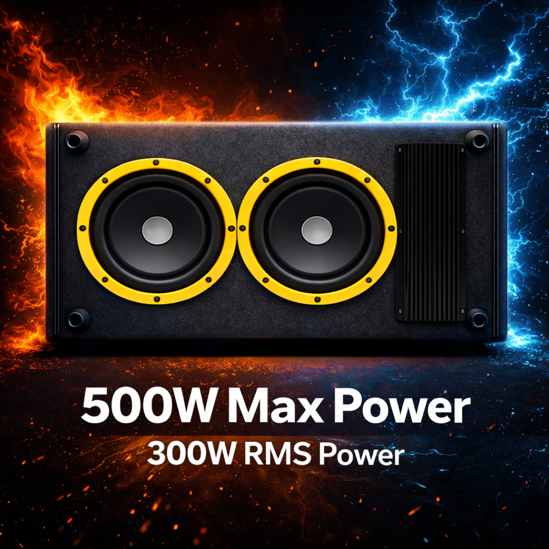 MOTOGEAR Hardrock 14 Active Car Subwoofer | Dual 8 Inch | 300W RMS & 500W Max Power | Built-in Amplifier | Universal Fit For All Car