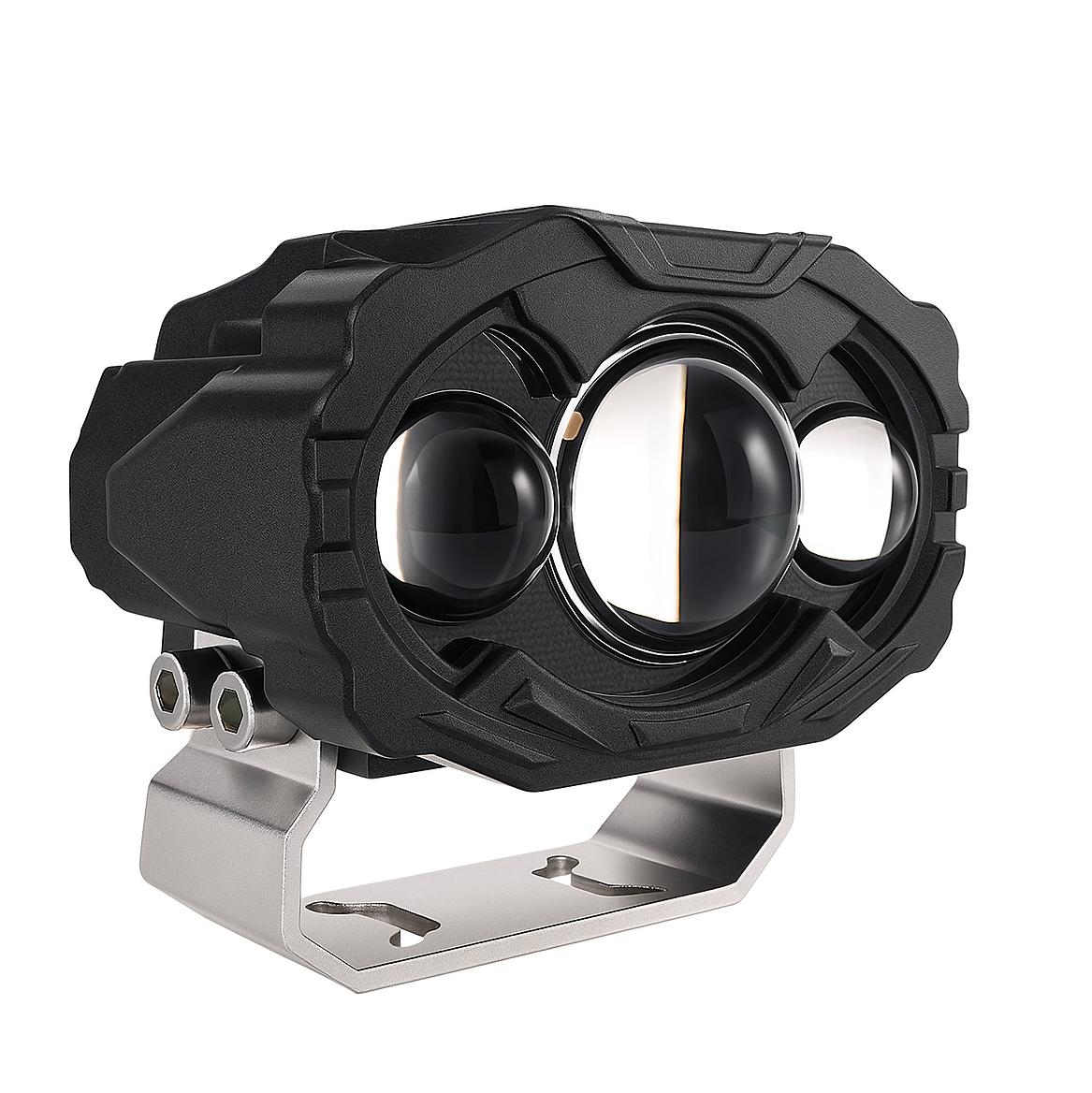 Heavy-duty automotive LED fog light with triple projector lens, mounted on a metallic bracket.