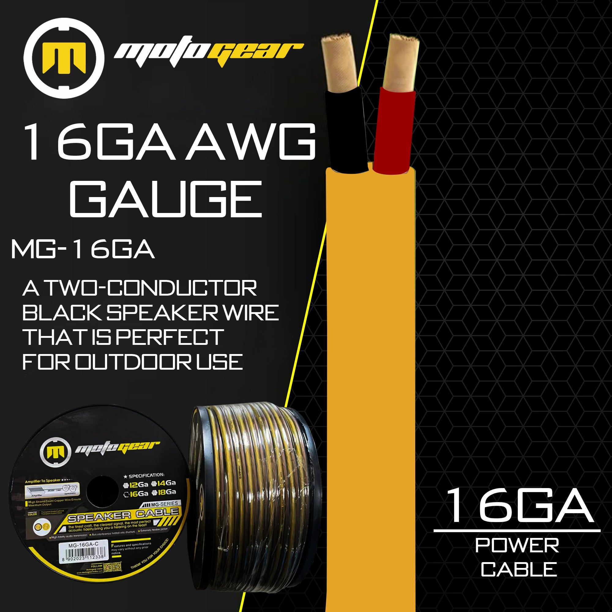 MotoGear MG-16GA 16 Gauge Speaker Wire Cable, 99.9% OFC Oxygen-Free Copper, 2-Conductor Stranded Audio Wire for Home Theater, Car Audio, Amplifier & Professional Sound Systems(Pack of 1)