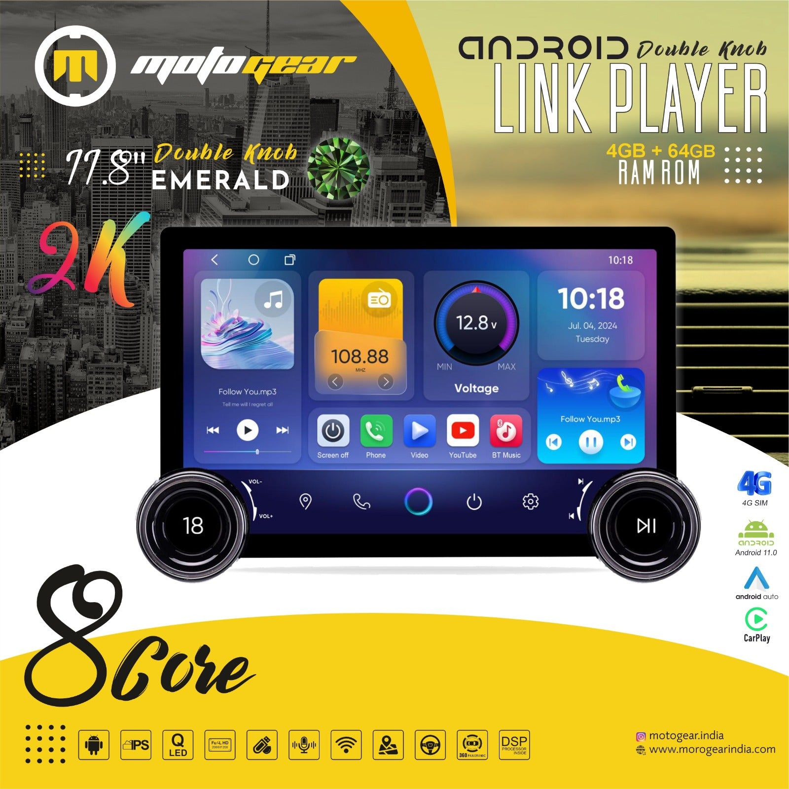 MOTOGEAR Dual-Knob 11.8 Inch Diamond Series 360 Degree Android Player | 4GB RAM + 64GB ROM | 2K QLED Display | Wireless CarPlay & Android Auto | Capacitive Touch Screen