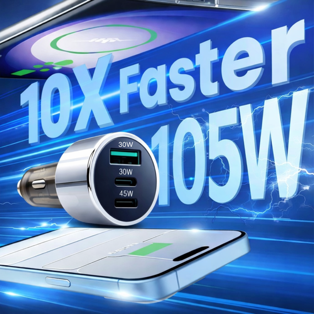 MOTOGEAR 105W 3-in-1 Car Fast Charger with QC 3.0 & Type-C + USB Ports | Braided Multi Cable (Lightning/Micro/Type-C) | Fast Charging Adapter for iPhone, Android & Tablets( Pack of 1)