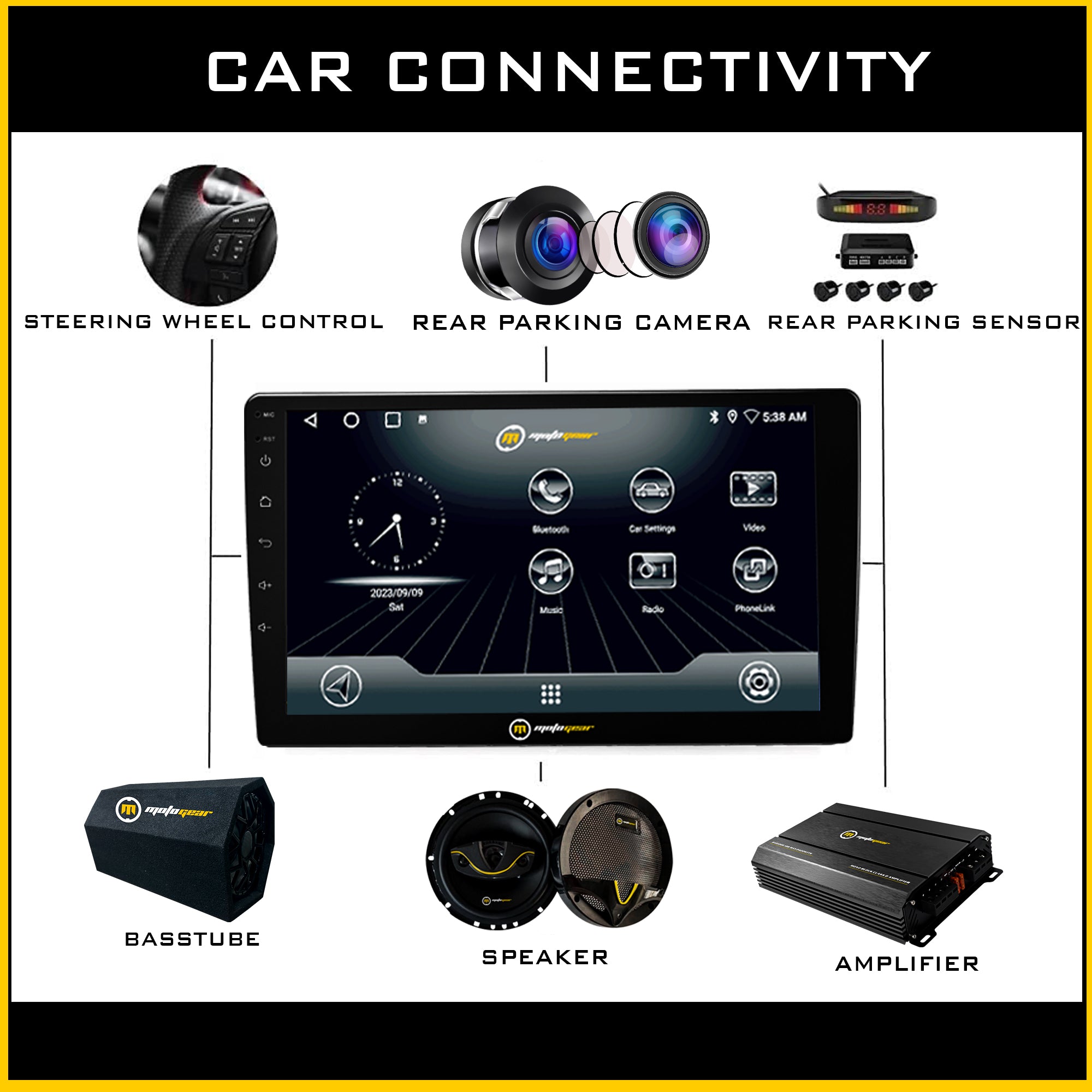 MOTOGEAR MG-OCEAN-12 Android Car Player | MTK 8163 Processor | 2GB RAM + 32GB ROM | IPS Touchscreen Display | Wireless Android Auto & CarPlay | Dual Subwoofer Output