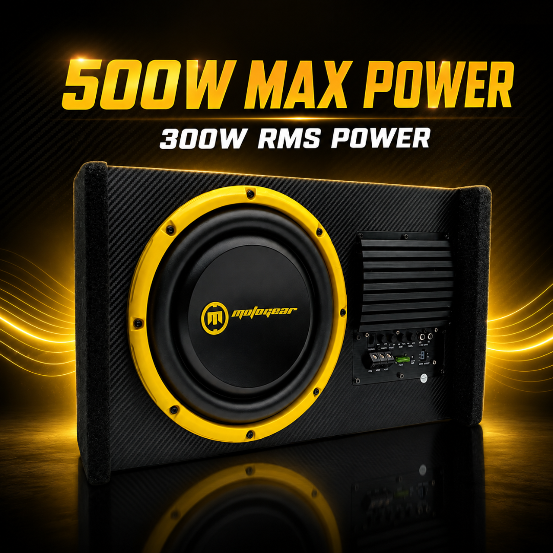 MOTOGEAR Hardrock 11 Active Car Subwoofer | 10 Inch | 300W RMS & 500W Max Power | Built-in Amplifier | Universal Fit For All Cars