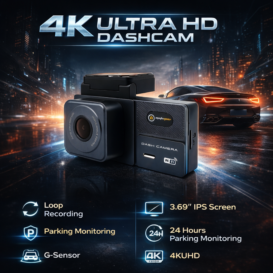 MOTOGEAR 2 Channel 4K Dashcam Front + Rear Camera | WiFi + GPS | 3.69 Inch IPS Screen | 24H Parking Monitoring | G Sensor | Loop Recording Car Camera (Pack of 1)