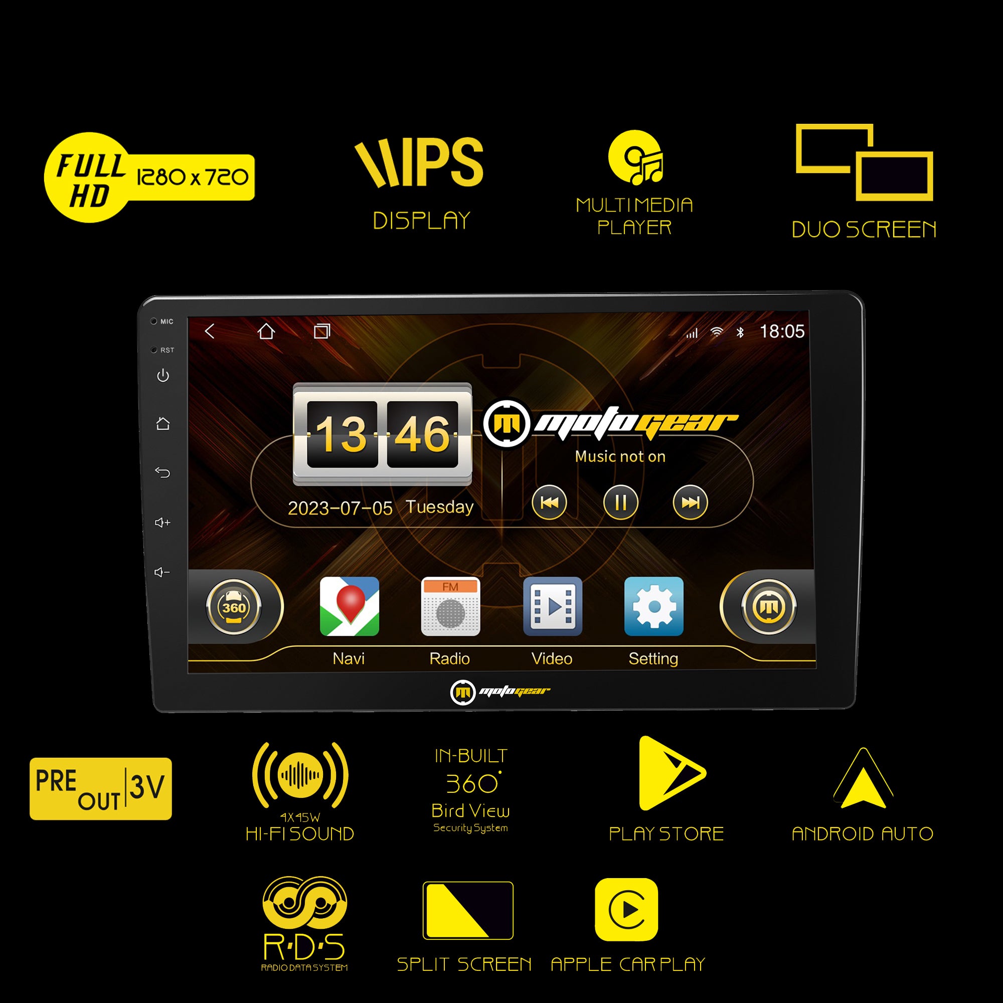 MOTOGEAR MG-OCEAN-11 Android Car Player | T5 Processor | 4GB RAM + 64GB ROM | 10 Inch IPS HD Display | Android Auto & Apple CarPlay | Dual Subwoofer Output