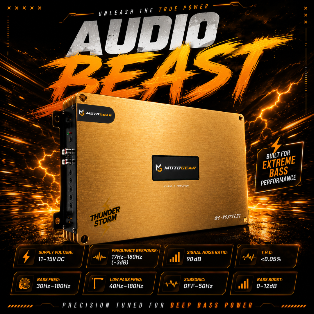 MOTOGEAR MG-BOXSTER7 Thunder Storm Mono Block Class D Car Amplifier(Gold) | 1500W RMS @ 1 Ohm | 1 Ohm Stable Operation | Deep Bass Performance | Universal Fit for Car Audio Systems