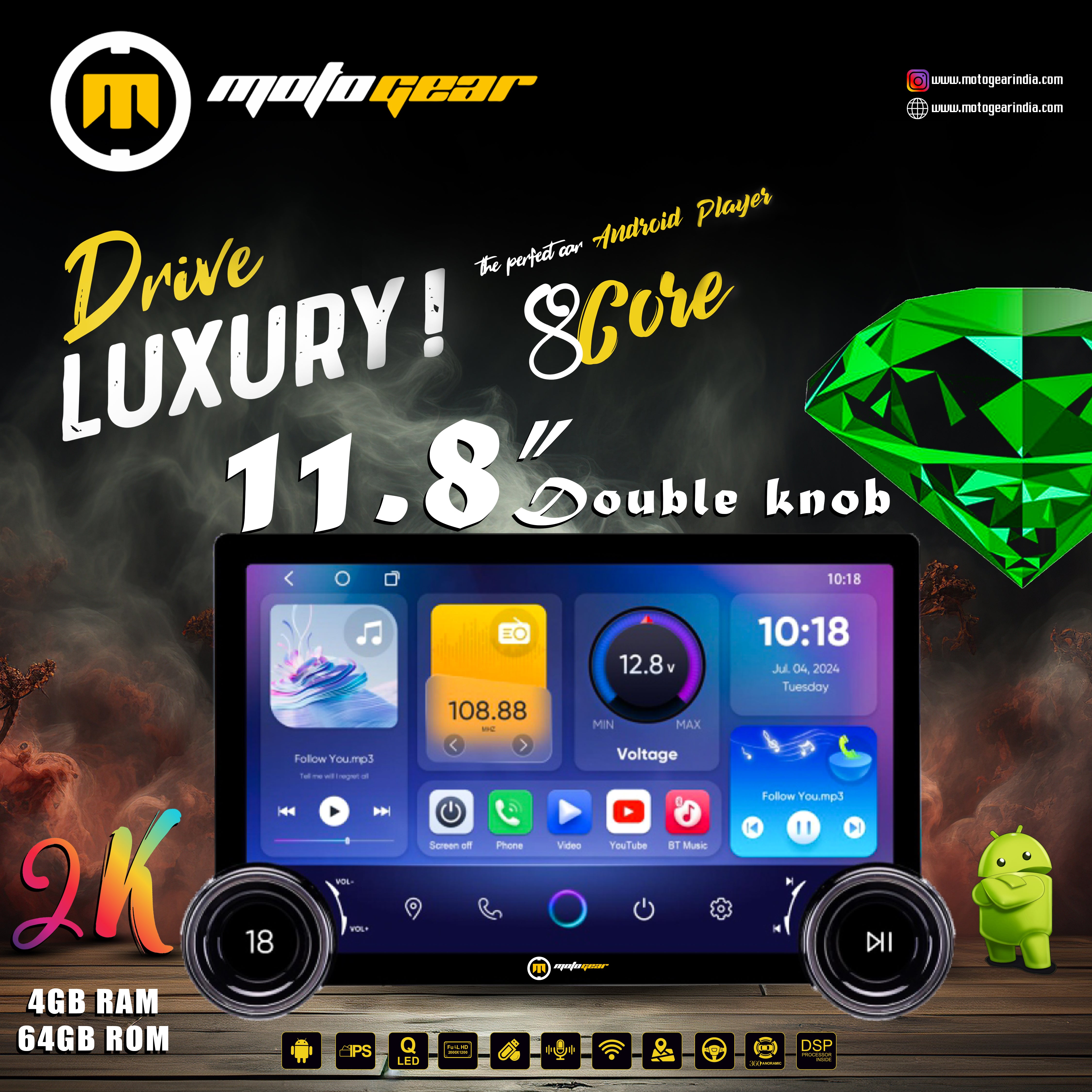 MOTOGEAR Dual-Knob 11.8 Inch Diamond Series 360 Degree Android Player | 4GB RAM + 64GB ROM | 2K QLED Display | Wireless CarPlay & Android Auto | Capacitive Touch Screen