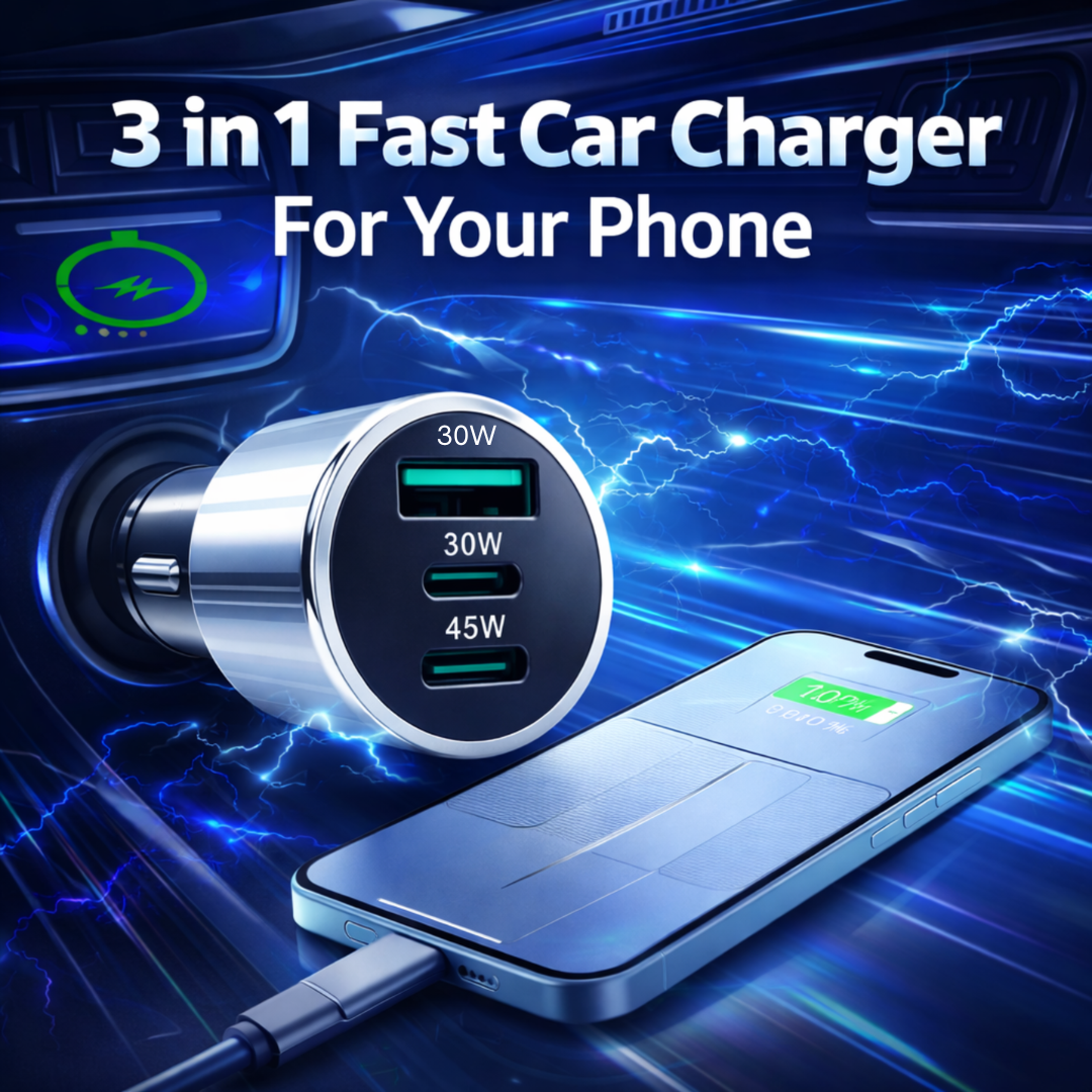 MOTOGEAR 105W 3-in-1 Car Fast Charger with QC 3.0 & Type-C + USB Ports | Braided Multi Cable (Lightning/Micro/Type-C) | Fast Charging Adapter for iPhone, Android & Tablets( Pack of 1)