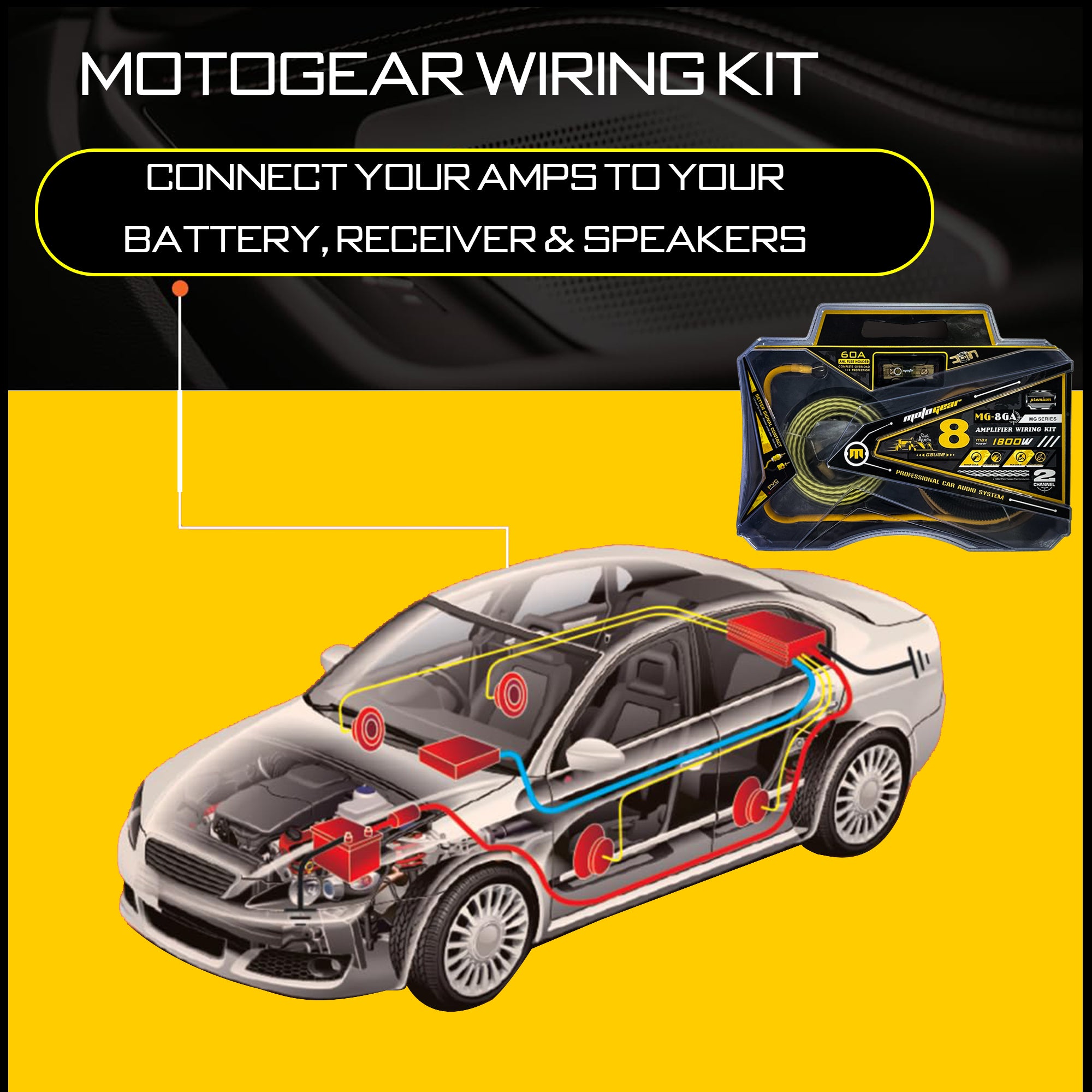 MotoGear MG-8GA 1800 Watts Car Amplifier Wiring Kit with Oxygen-Free Copper Cable | Complete Installation Kit for Subwoofer | Amplifier & Car Audio System