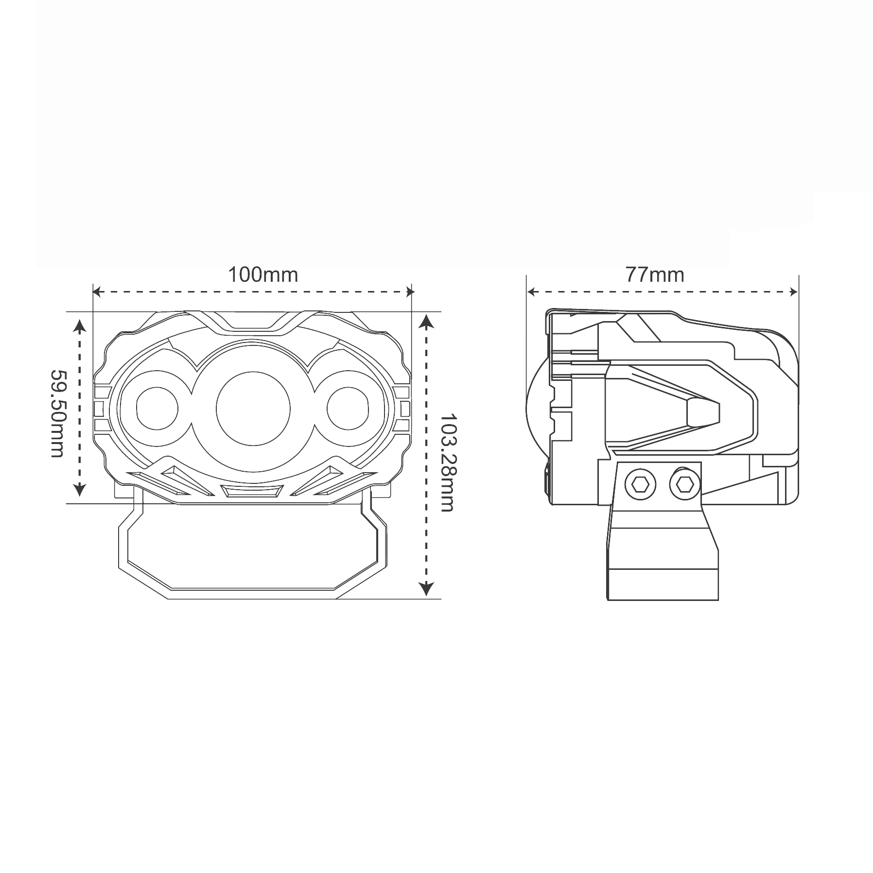 Technical drawing showing dimensions of a triple lens LED fog light, with width, height, and mounting details.