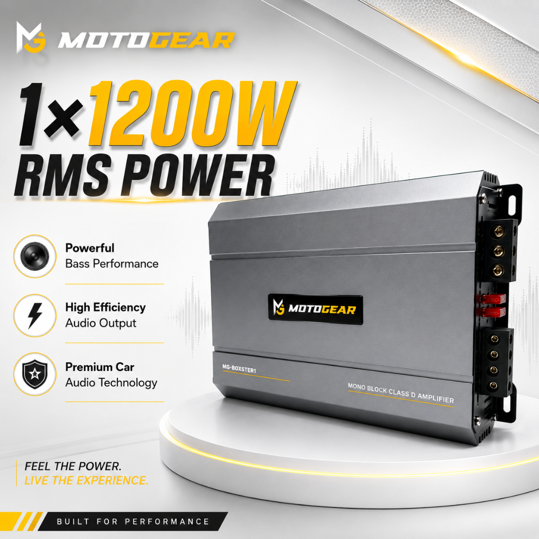 MOTOGEAR MG Boxster 1 Mono Block Class D Power Amplifier With 1x1200W RMS Power | Deep Bass Audio Output | Universal Fit For All Cars