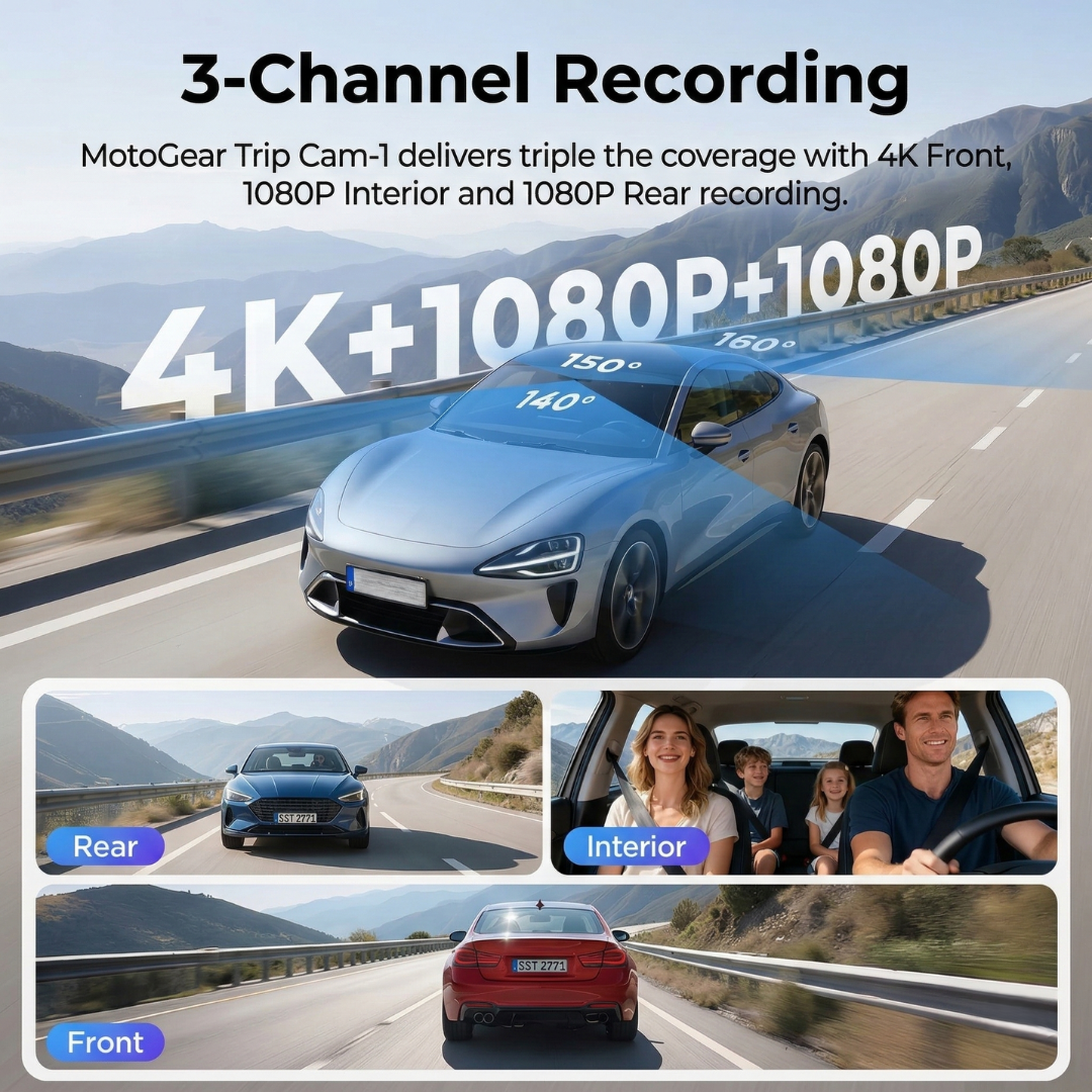 MOTOGEAR 3 Channel 4K Dashcam Front + Interior + Rear Recording | WiFi + GPS | 3.2 Inch IPS Screen | Loop Recording | Parking Monitoring | G Sensor Car Camera for Safety (Pack of 1)